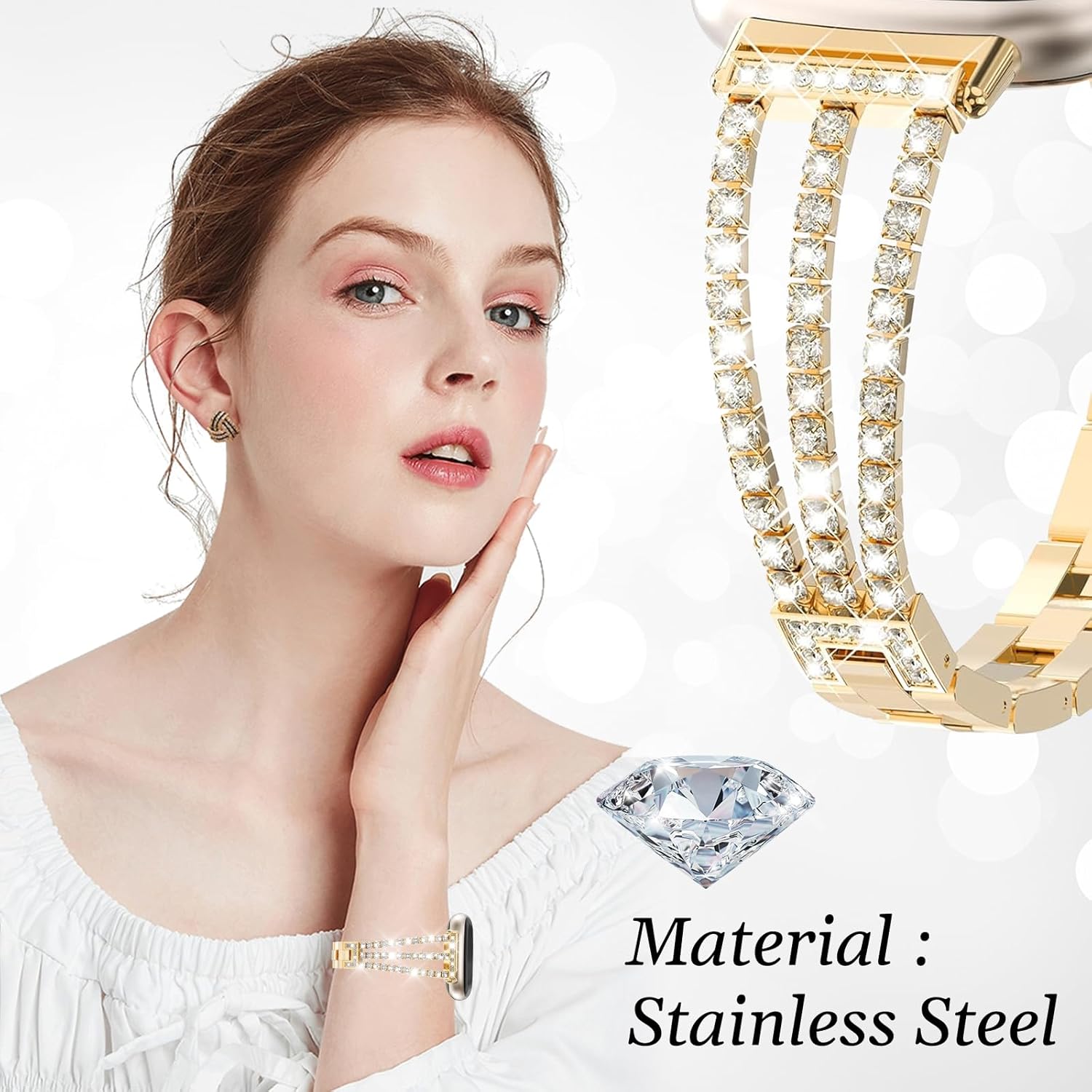 for Metal Bands, Compatible for Fitbit Versa 4/Versa 3/Fitbit Sense 2/Sense Band Smart Watch, Sparkling Bling Shiny Diamonds Bracelet for Women, Gold - Image 2