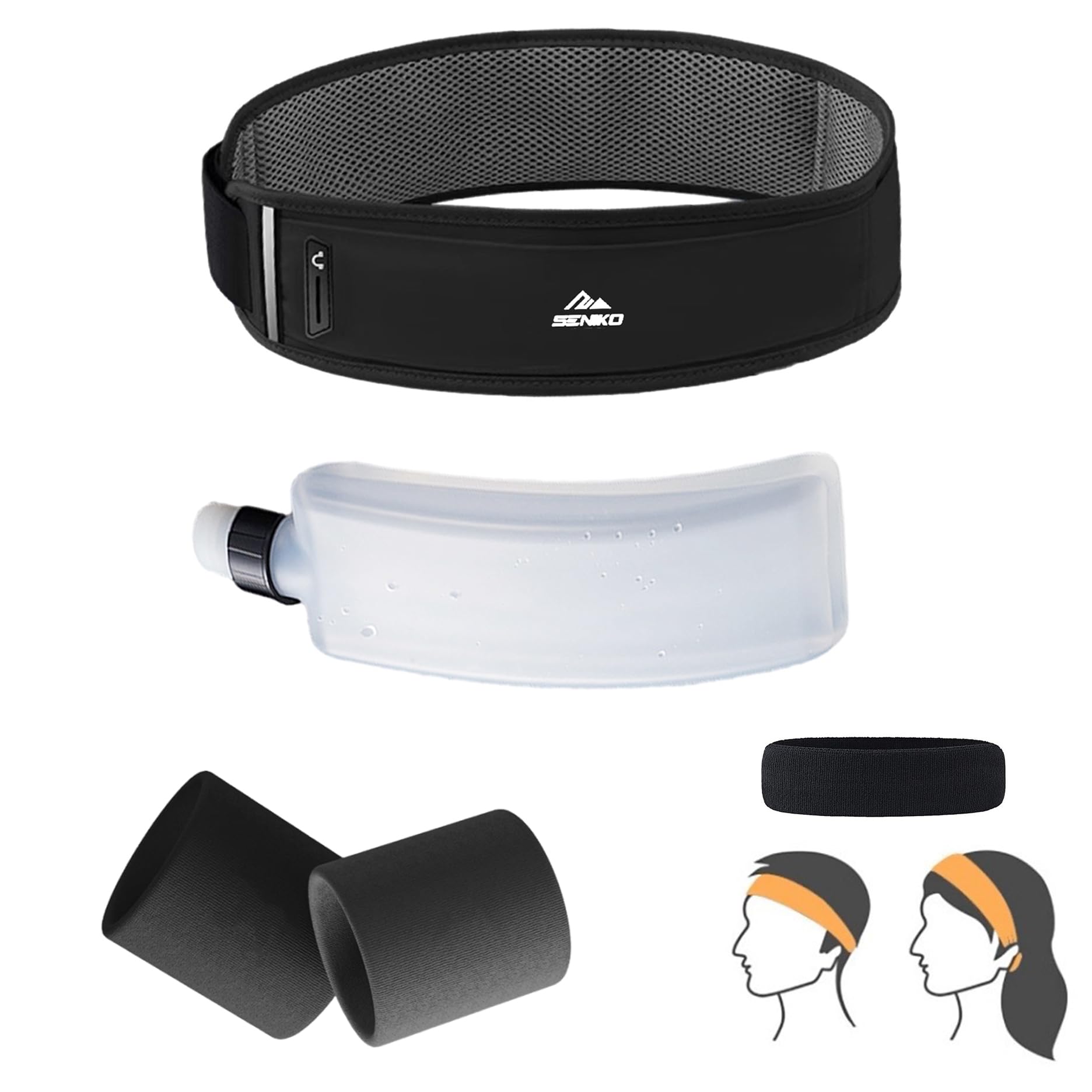 SENIKO Running Belt Hydration with Bottles,Fanny Pack Water Bottle Holder, Zipper Waist Pouch Fits Most phones,Zerobounce Design for Cycling Climbing