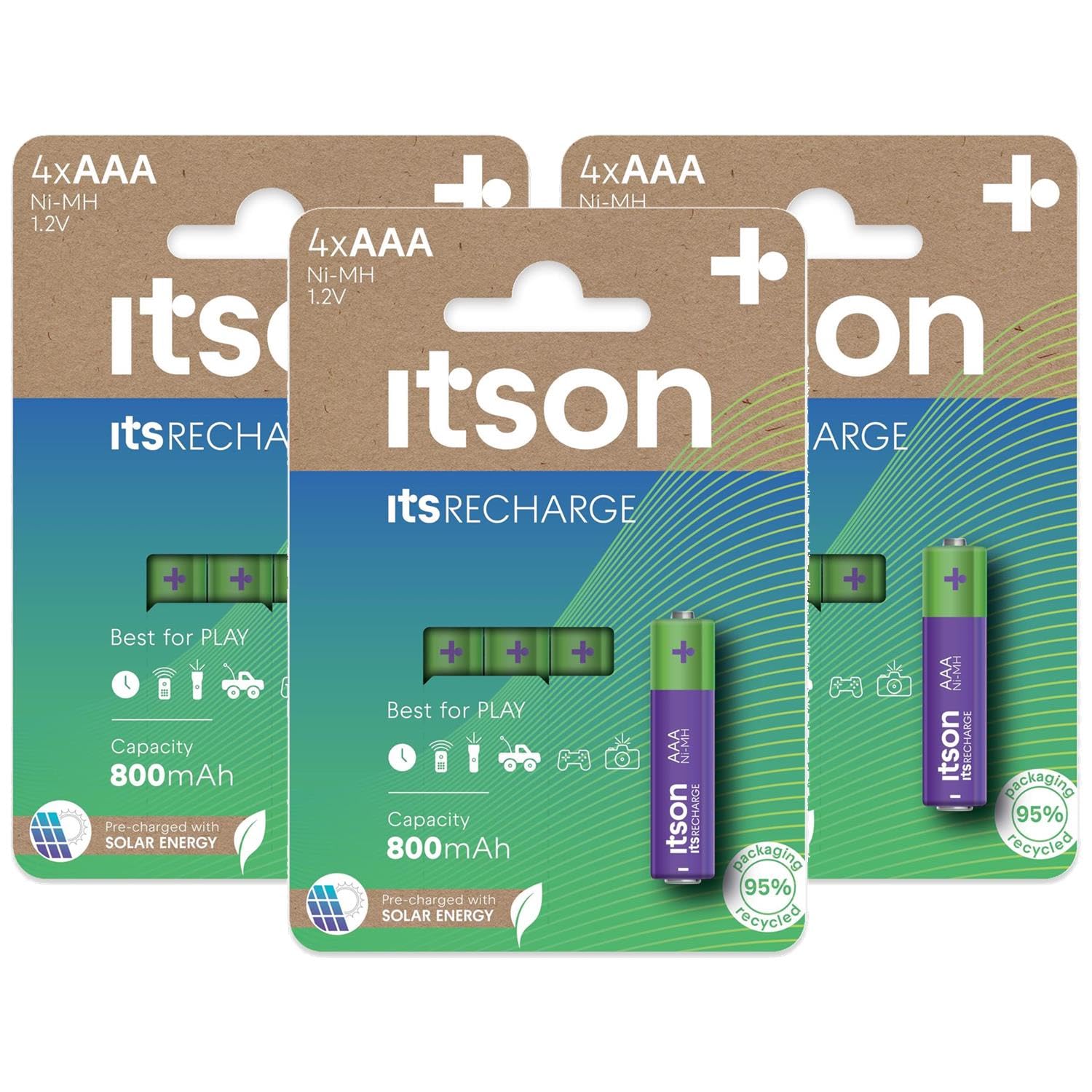 ITSON Lot de 3 x 4 Piles Rechargeables AAA Pro NiMH prêtes à l'emploi, 800 mAh, idéales pour horloges, Torches, télécommandes