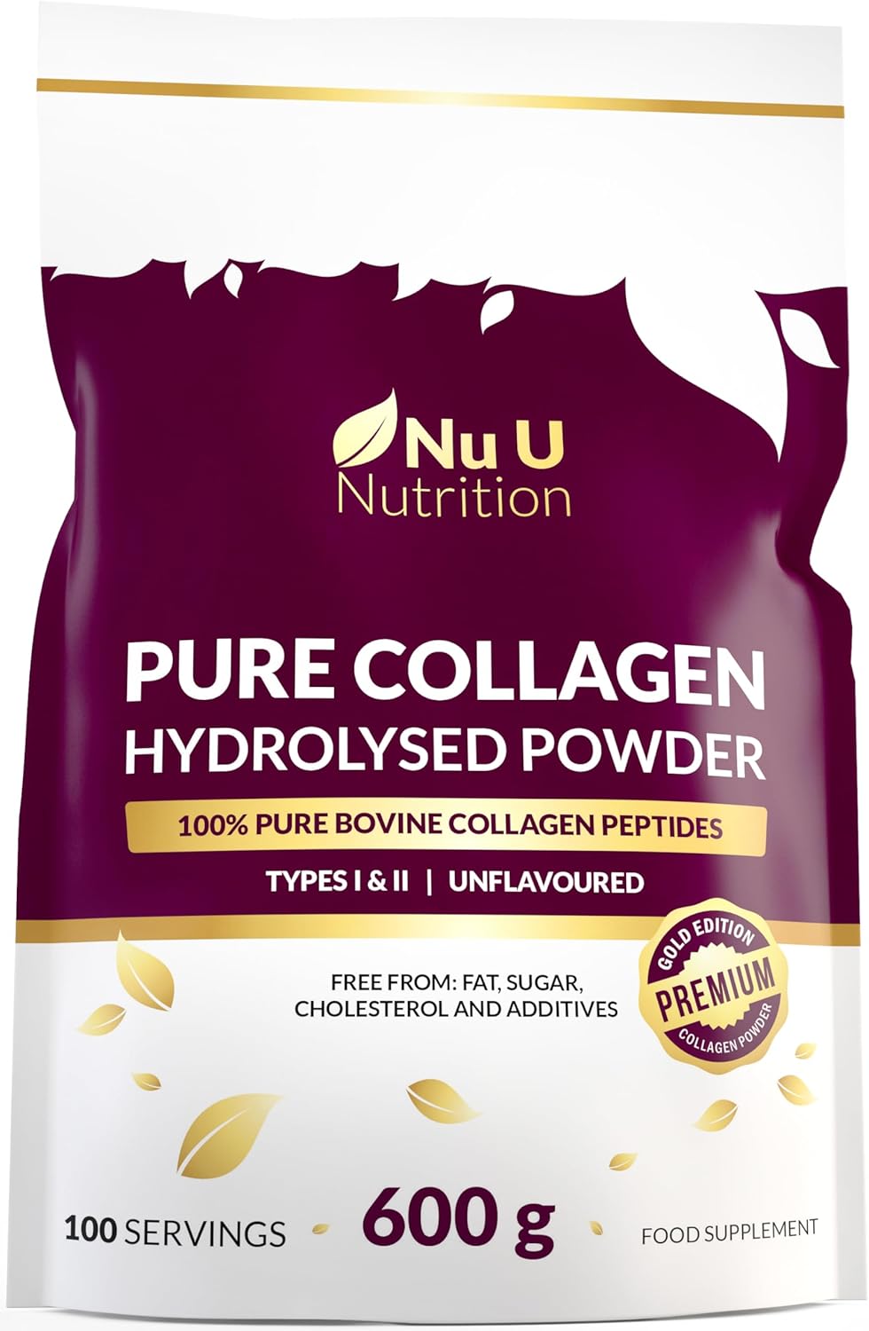 Collagen Powder 600g Large Pouch – 100 Servings – Premium Type I & II Bovine Collagen Peptides Hydrolysate Supplement Gold Edition – 3+ Month Supply – Unflavoured – Nu U Nutrition