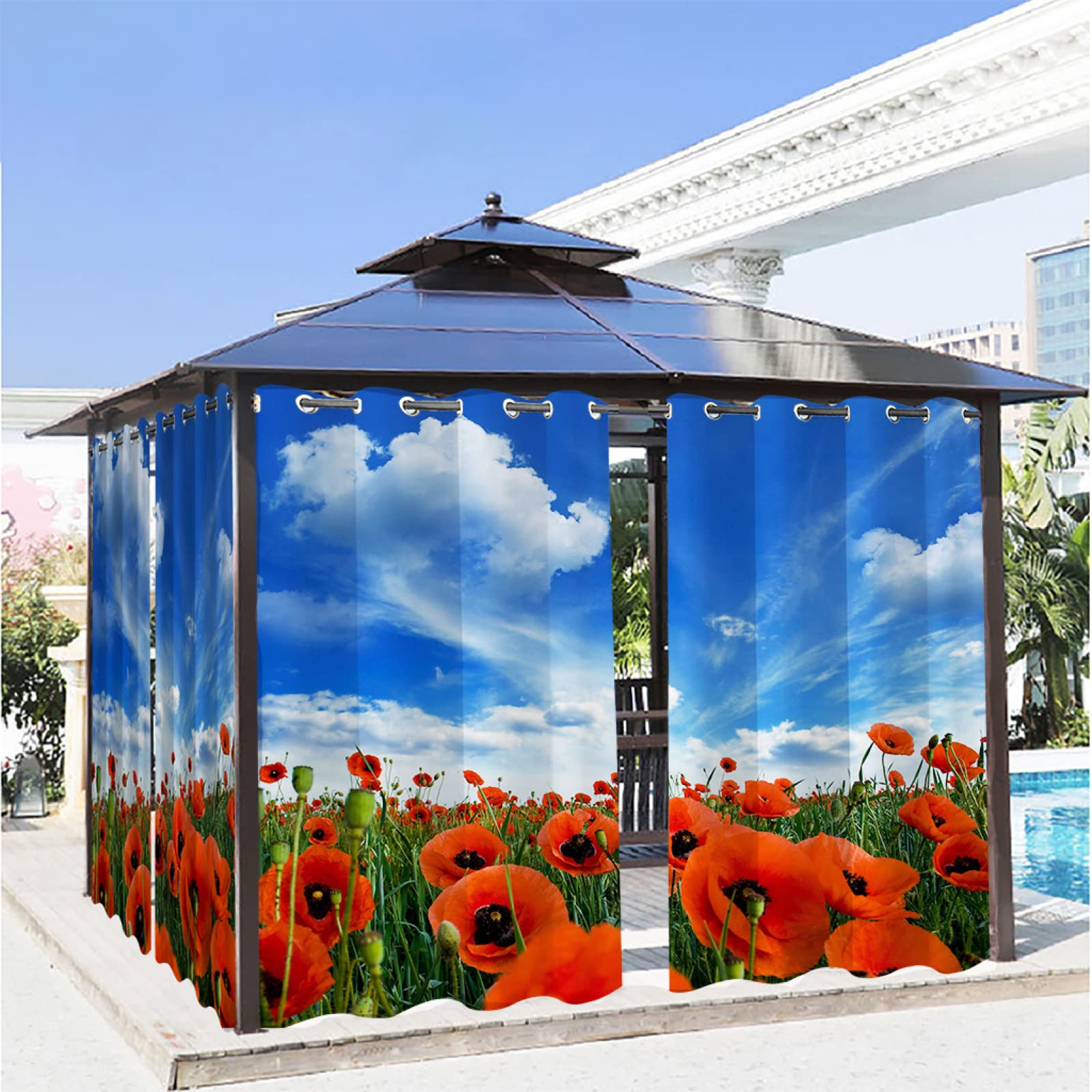 Rideau tissu imperméable extérieur à œillets style fleuri haut de gamme pour pergola