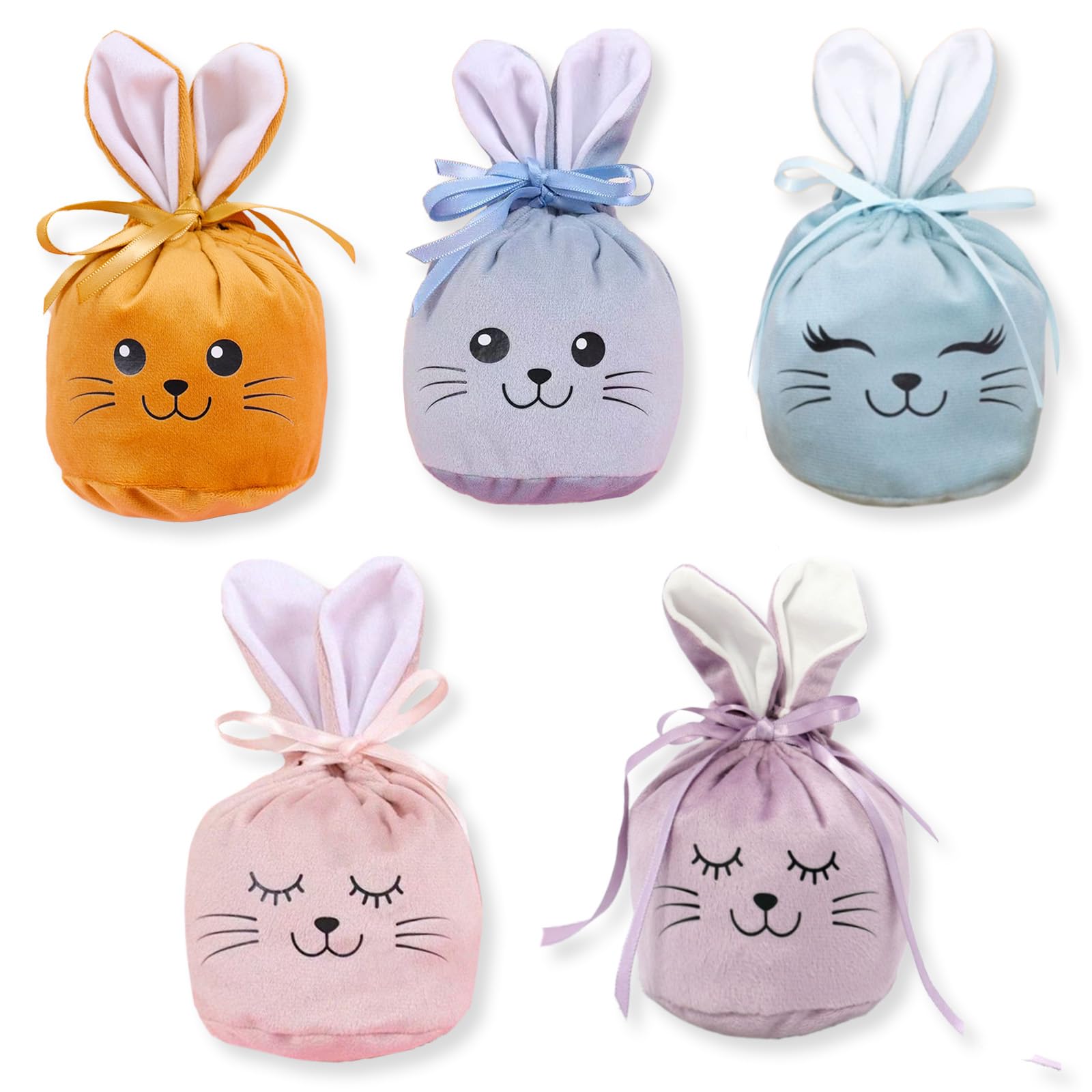 KEELYY Ostertasche 5 Stück Samt Säckchen mit Ohren, Osternester zum Befüllen, Osterbeutel wiederverwendbar, Osterkörbchen zum Befüllen, Alternatives Osternest im Osterhasen Design
