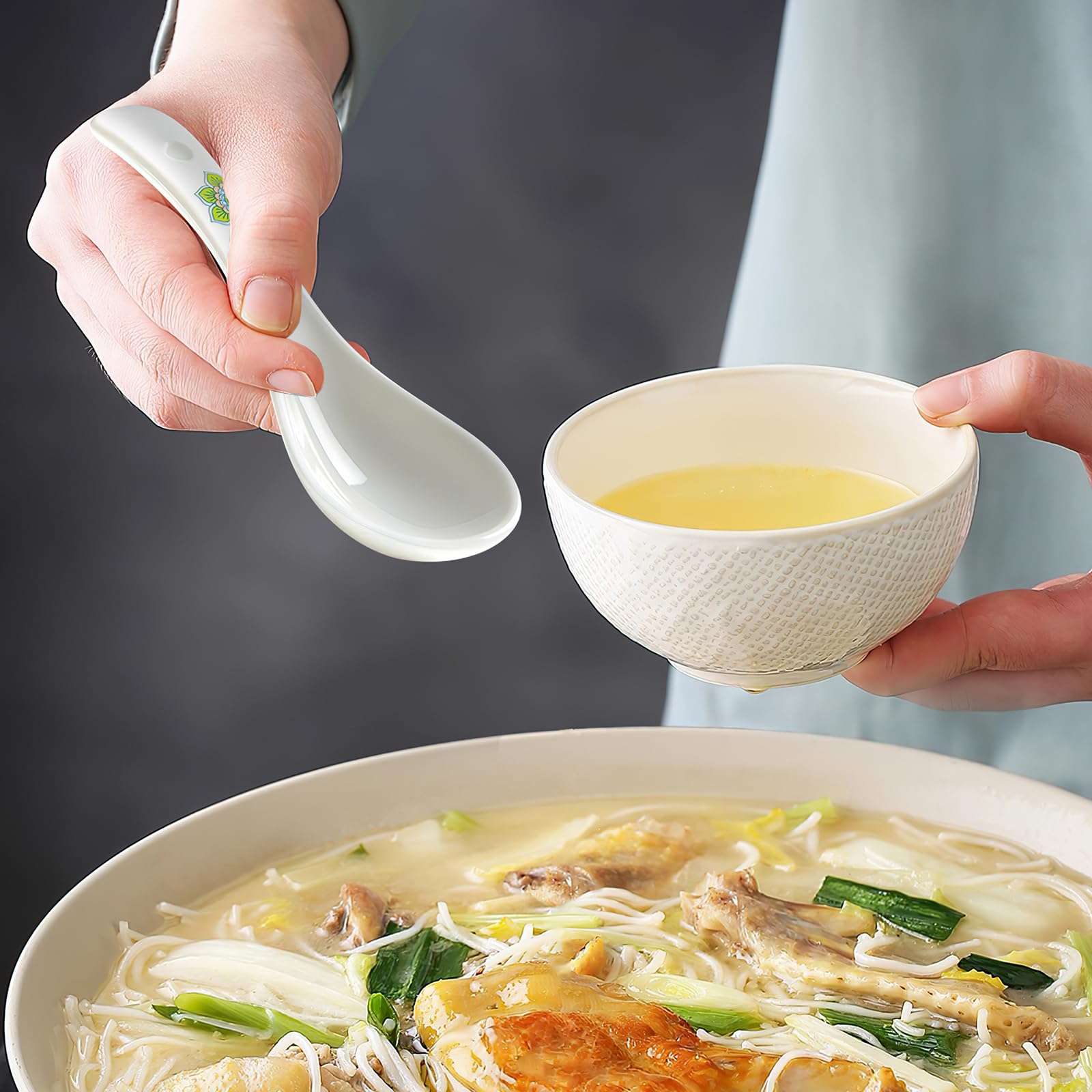 Suppenlöffel, 14 cm, asiatische Suppenlöffel, Keramik, chinesische Suppenlöffel, weiße Keramik, Dessertlöffel, Reislöffel für Ramen, Pho Wonton, Knödel, Miso, spülmaschinen- und ofenfest, 6