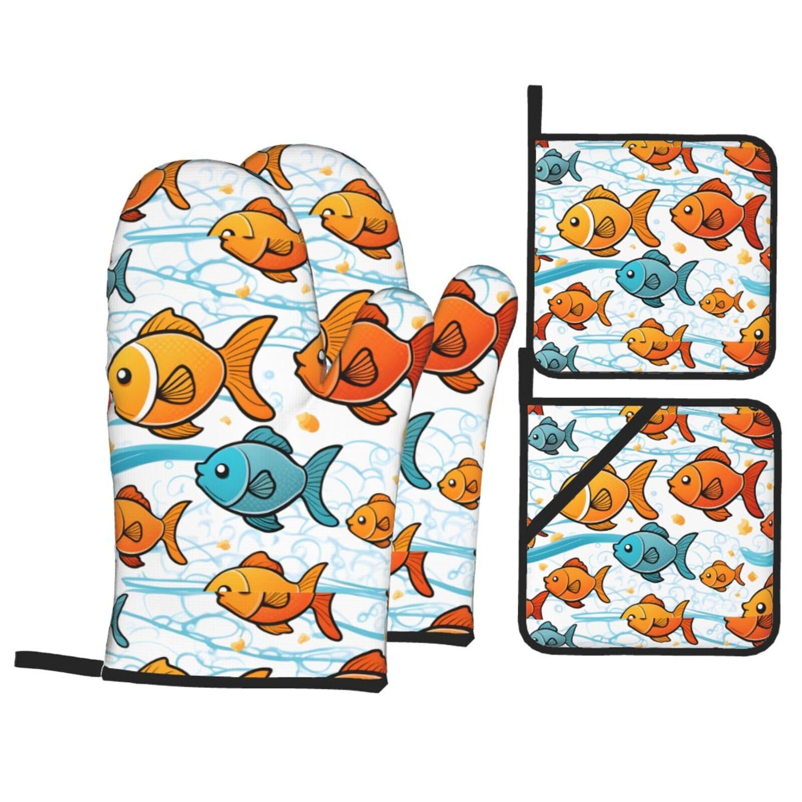 YYHWHJDE Cute Goldfish Printed Kitchen Baking Set of 4 Thick Insulated Oven Mitt & Pot Holders, Anti-Scalding for Microwave, Oven, Outdoor BBQ