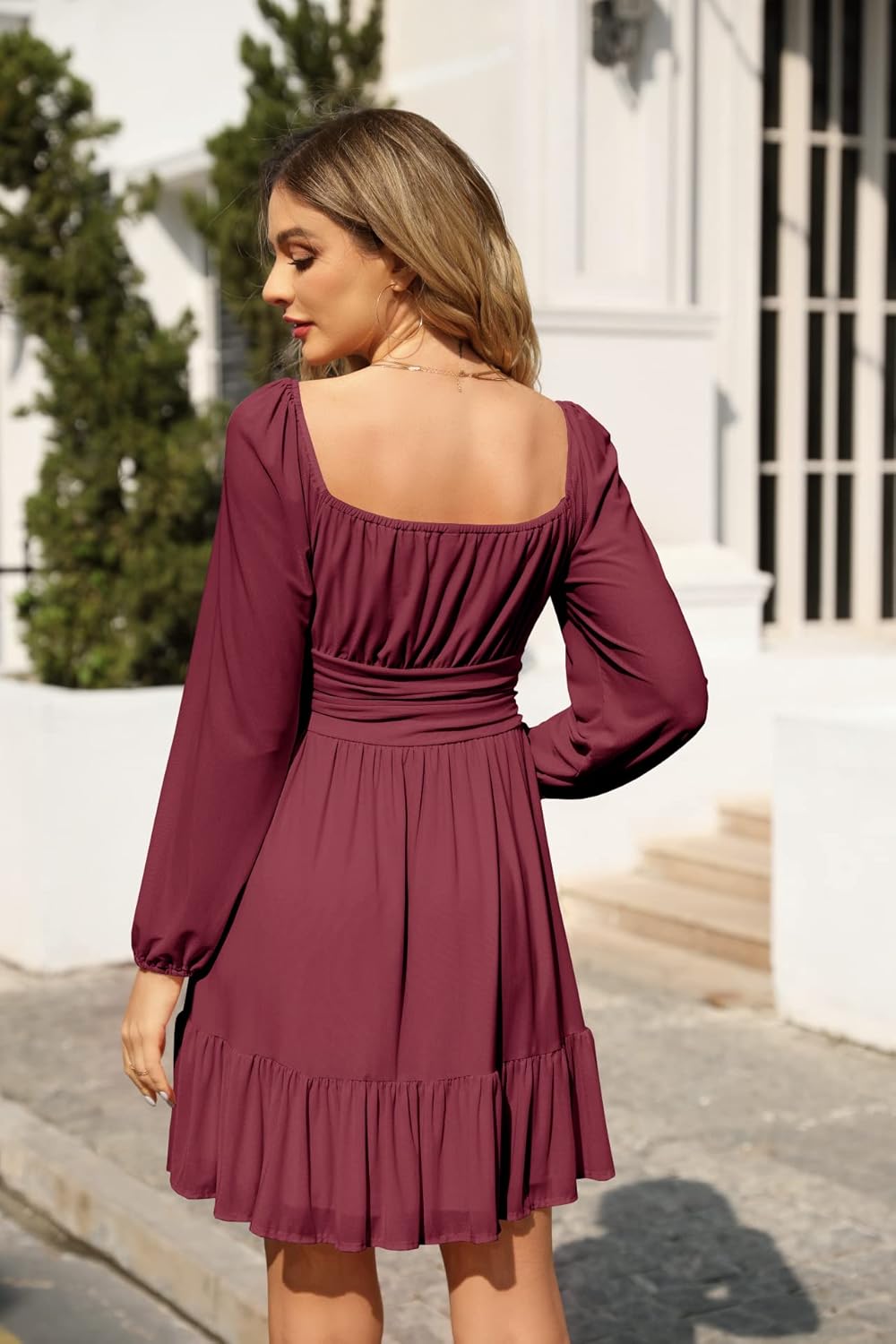 Wenrine Women's Mesh Long Sleeve Square Neck Dress High Waist A Line Ruffle Hem Flowy Casual Party Mini Dress - Image 4