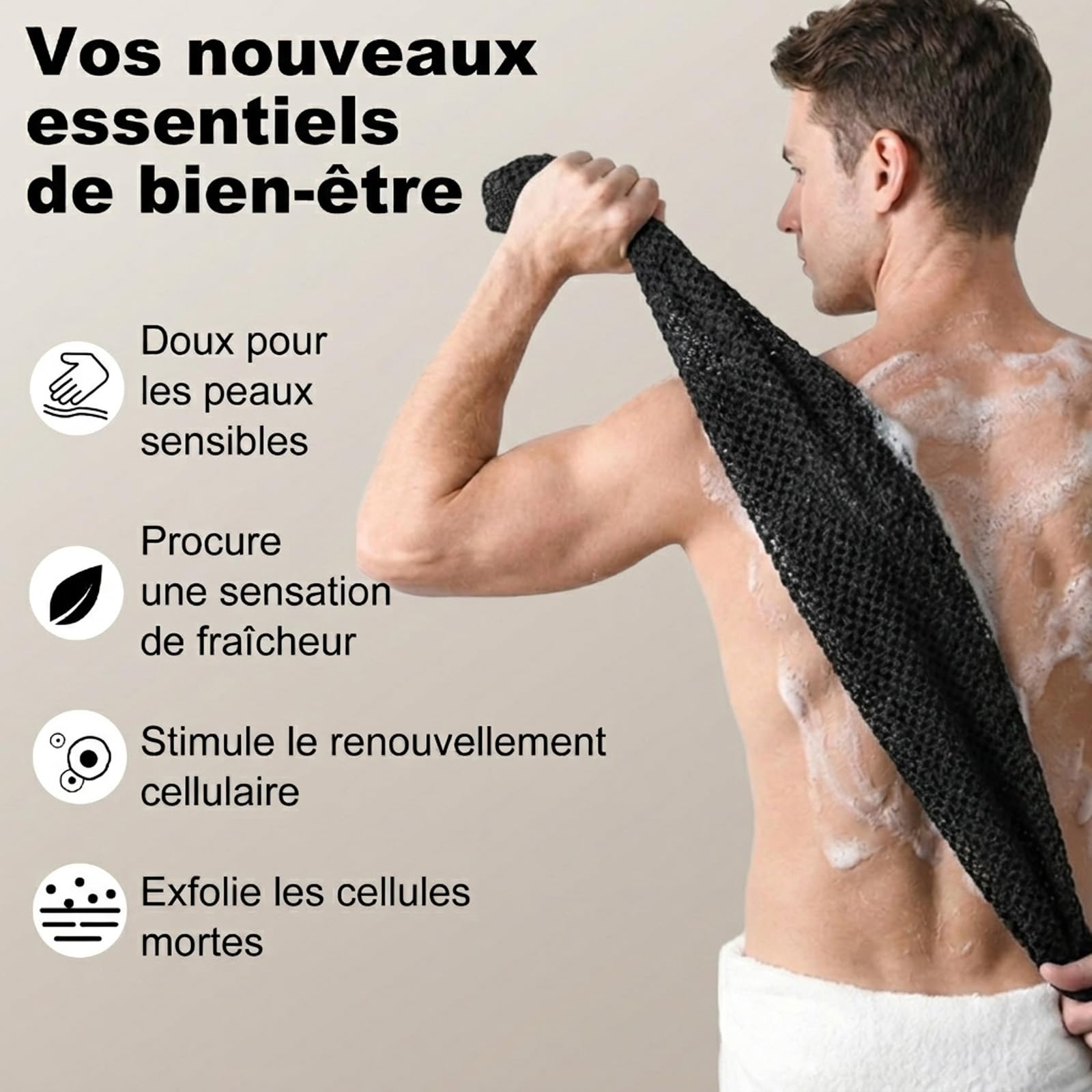 Serviette de Douche Exfoliante Ecovia en Fibres de Bambou et Charbon Actif – Exfoliation Douce, Séchage Rapide, Usage Quotidien(Profond-Noir*1pcs)