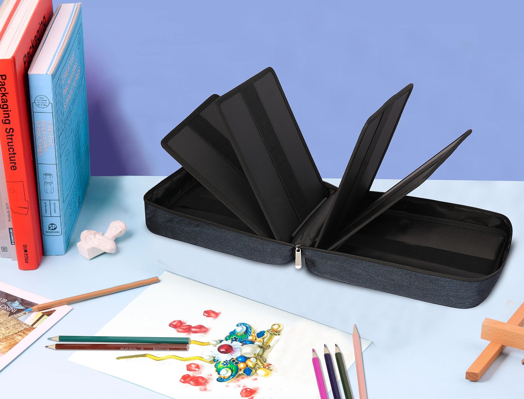 JAKAGO Trousse de Rangement Grande Capacité avec 90 Poches Élastiques – pour Jusqu'à 270 Crayons, Crayons de Couleur ou Stylos Gel – Idéal pour Les Artistes (Bleu)
