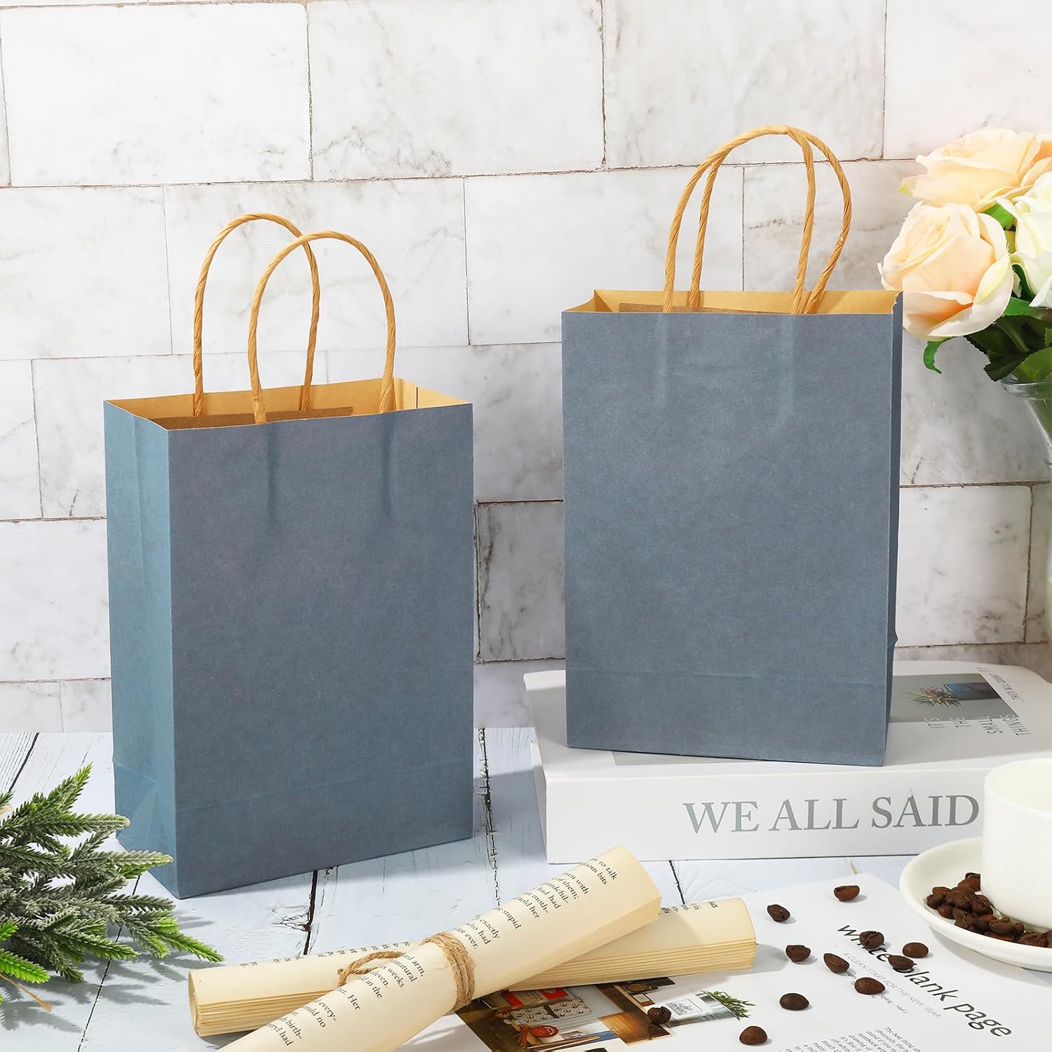 Whaline 24Pcs Kraft Paper Bag Calming Blue Gift Bag with Handles Candy Goodie Treat Bags Grocery Shopping Bags for DIY Crafts Baby Shower Birthday Wedding Party Supplies, 5.9x3.1x8.3inch image 4