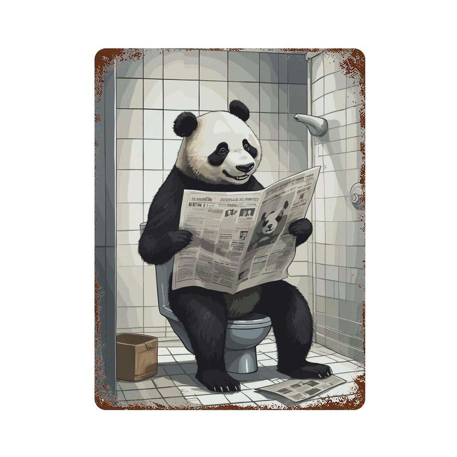 Panda on The Toilet 15.7"x11.8" Rust Effect Tin Sign, Decorative Metal Wall Art for Garage, Bar And Workshop Decor