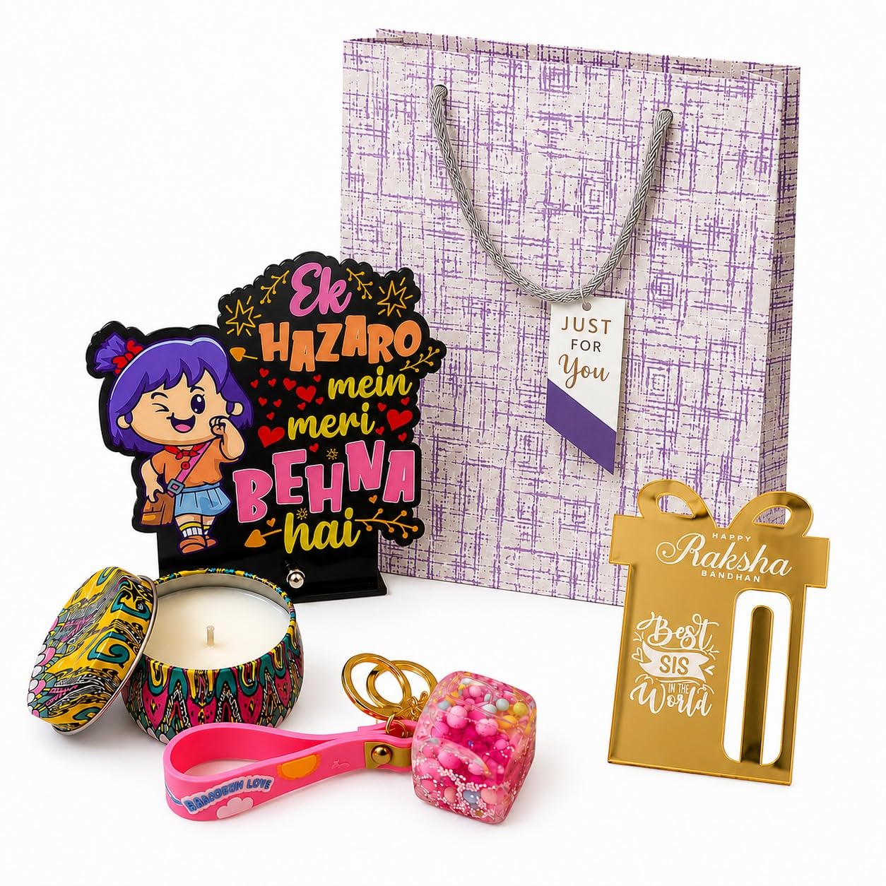 Tresneria Raksha Bandhan Gift Hamper for Sister | Acrylic Quote Stand, Golden Money Holder, Scented Candle, Resin Keychain & Premium Gift Bag | Rakhi Gift Combo for Sister-image-23