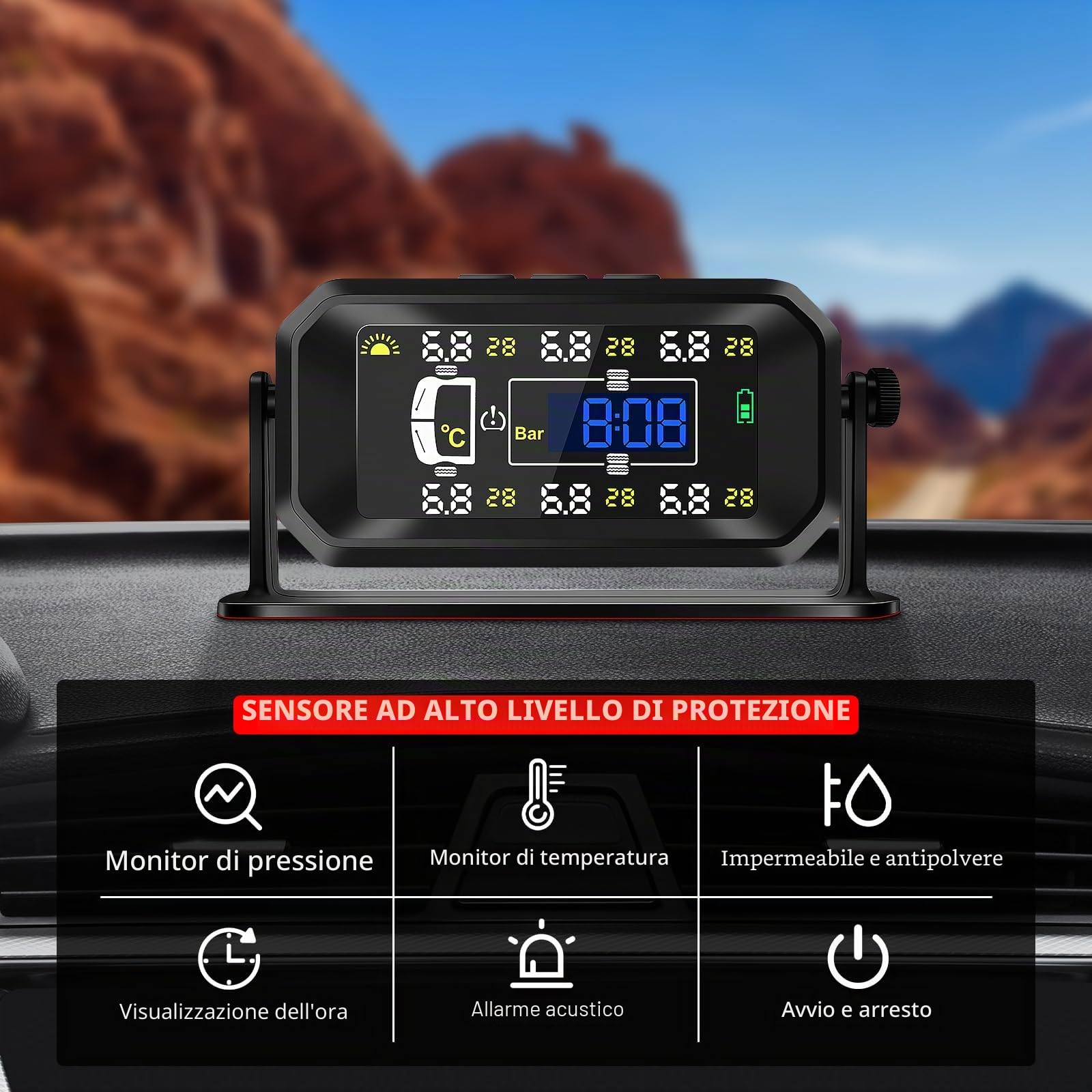 KAOLALI Sistema di monitoraggio della Pressione dei Pneumatici TPMS,【4/6 modalità Ruota】 0.01 Bar Alta Precisione TPMS, con 6 Sensori Pressione Pneumatici per Auto Camper per Camion LKW