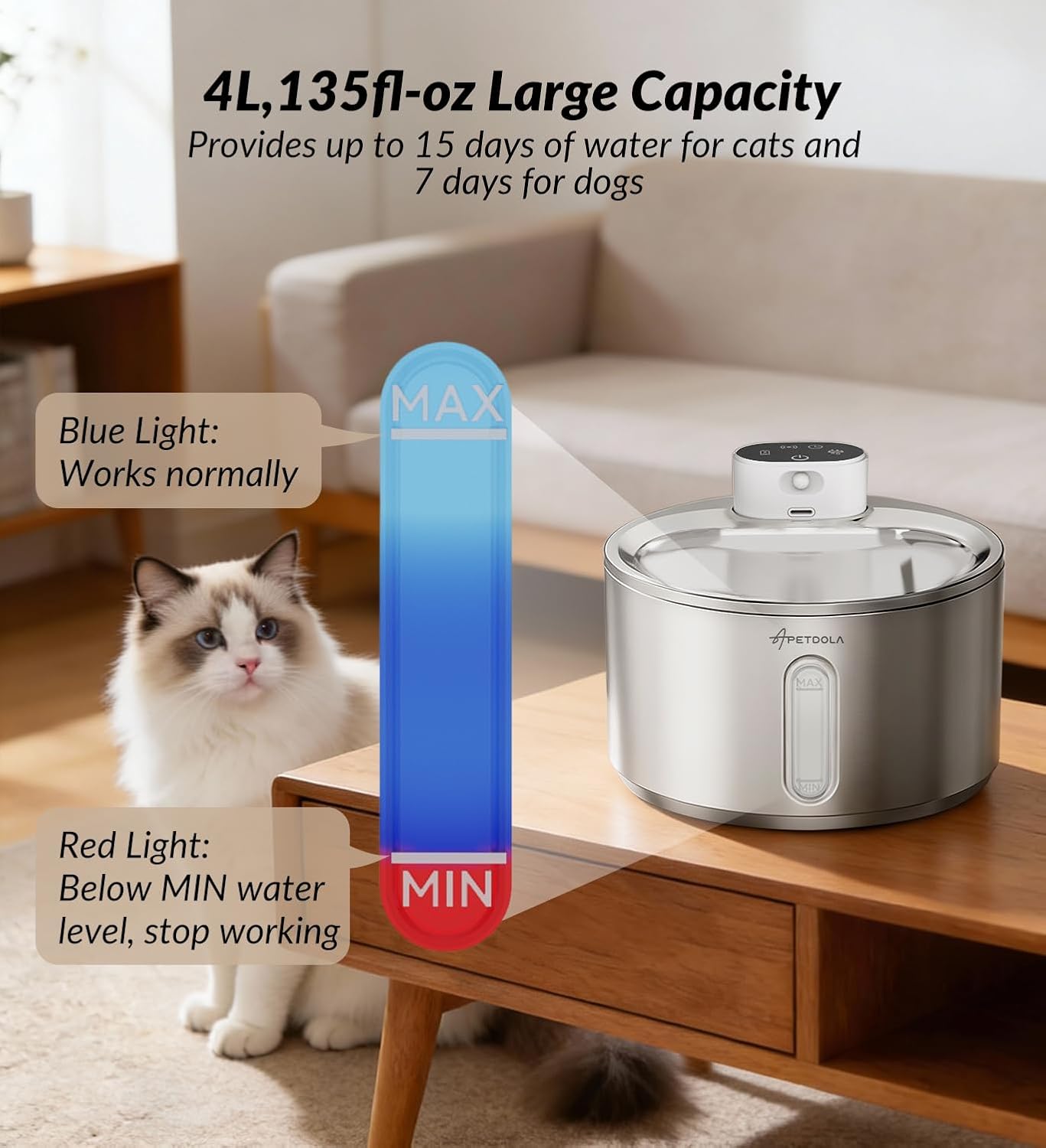 Cat Water Fountain Stainless Steel,135fl-oz/4L,Wireless Cat Fountain