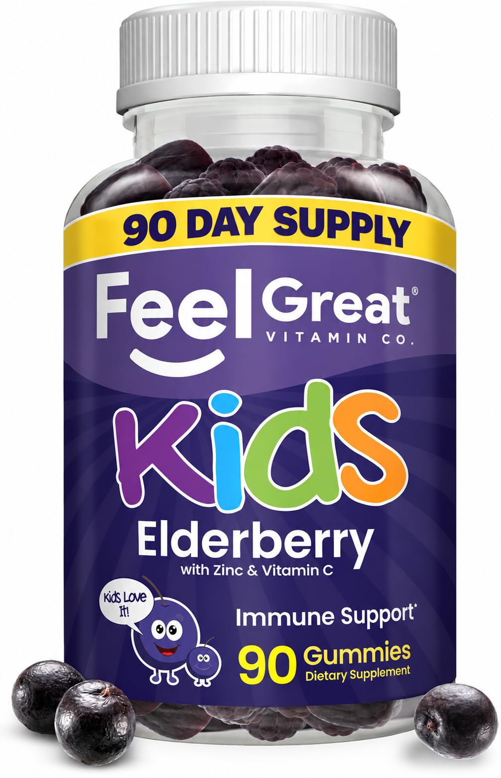 Feel Great Vitamin Co. Elderberry Gummies for Kids | Immune Support | Natural Antioxidant Immune Booster | with Vitamin C and Zinc | Gluten Free &amp; Vegetarian | 90 Gummies