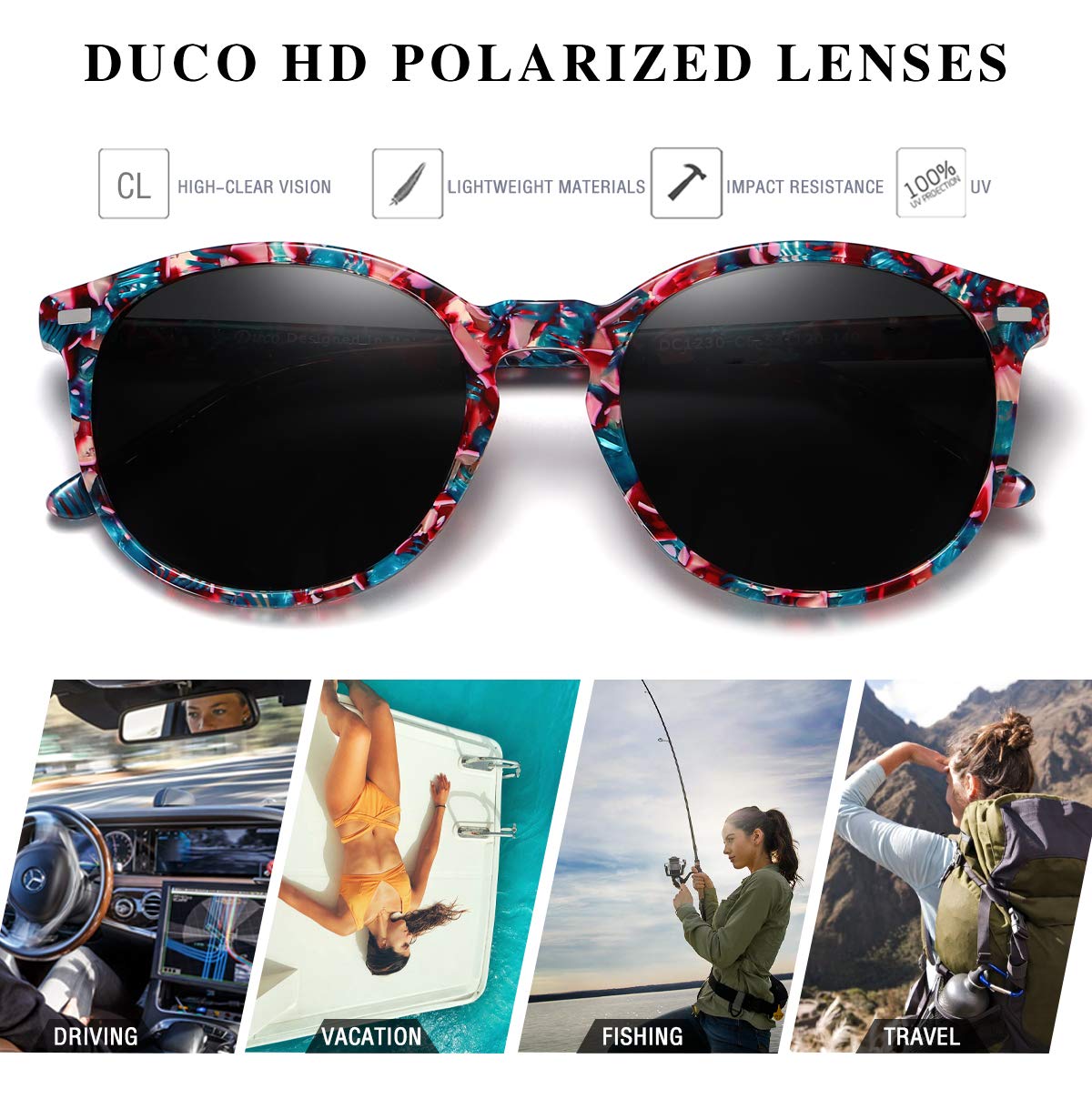 DUCO Retro polaryzacyjne damskie okulary przeciwsłoneczne Vintage UV400 ochrona okulary przeciwsłoneczne lekkie oprawki octanowe 1230