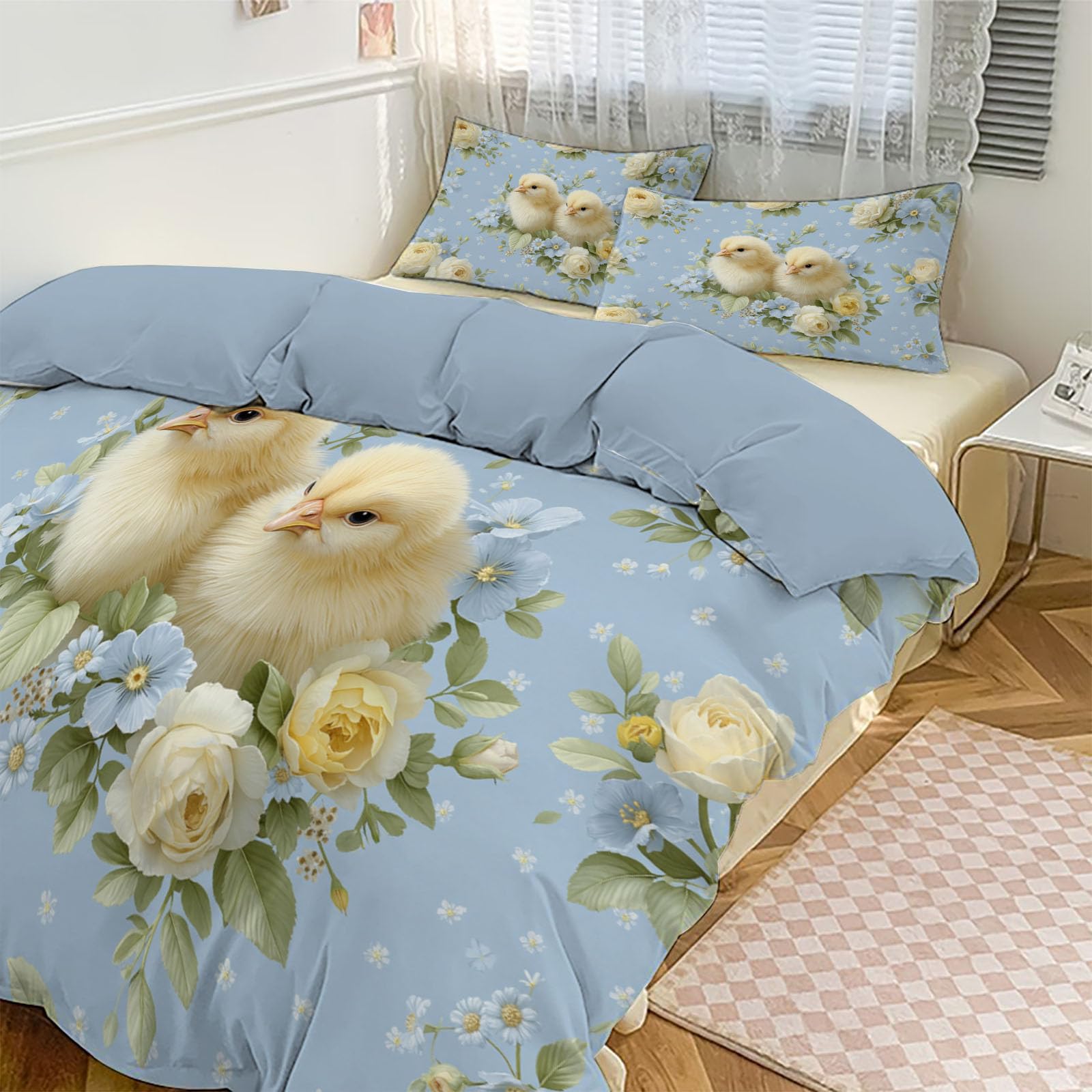 Housse de couette 200x200cm pour lit deux personnes avec motifs poussins roses