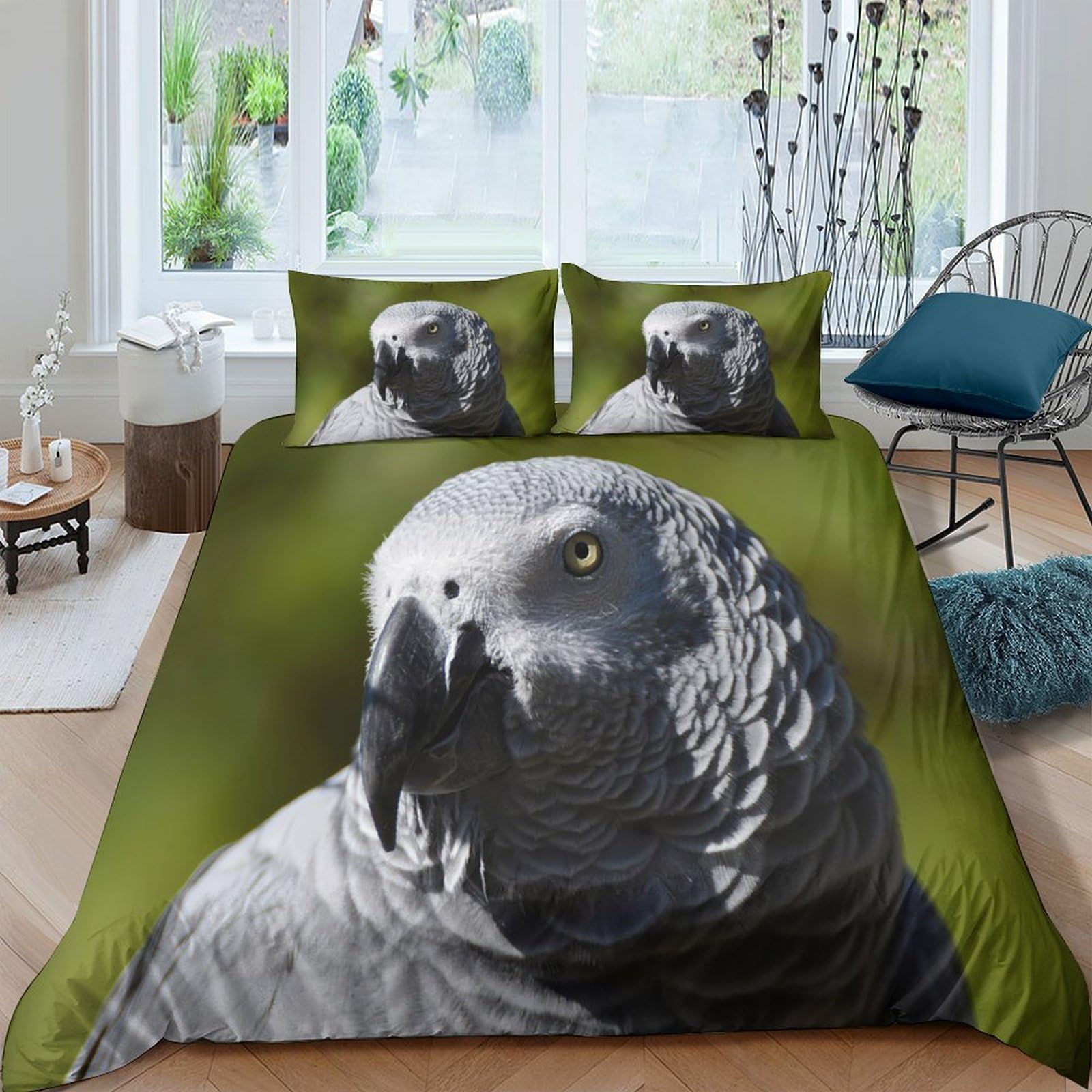 Ctjqhvkz Style-5 3D Printed African Grey Parrot Fitted Sheet Microfiber Soft Green Bird Bed Cover For Bedroom Dorm Mattress Decor Single（135X200cm）