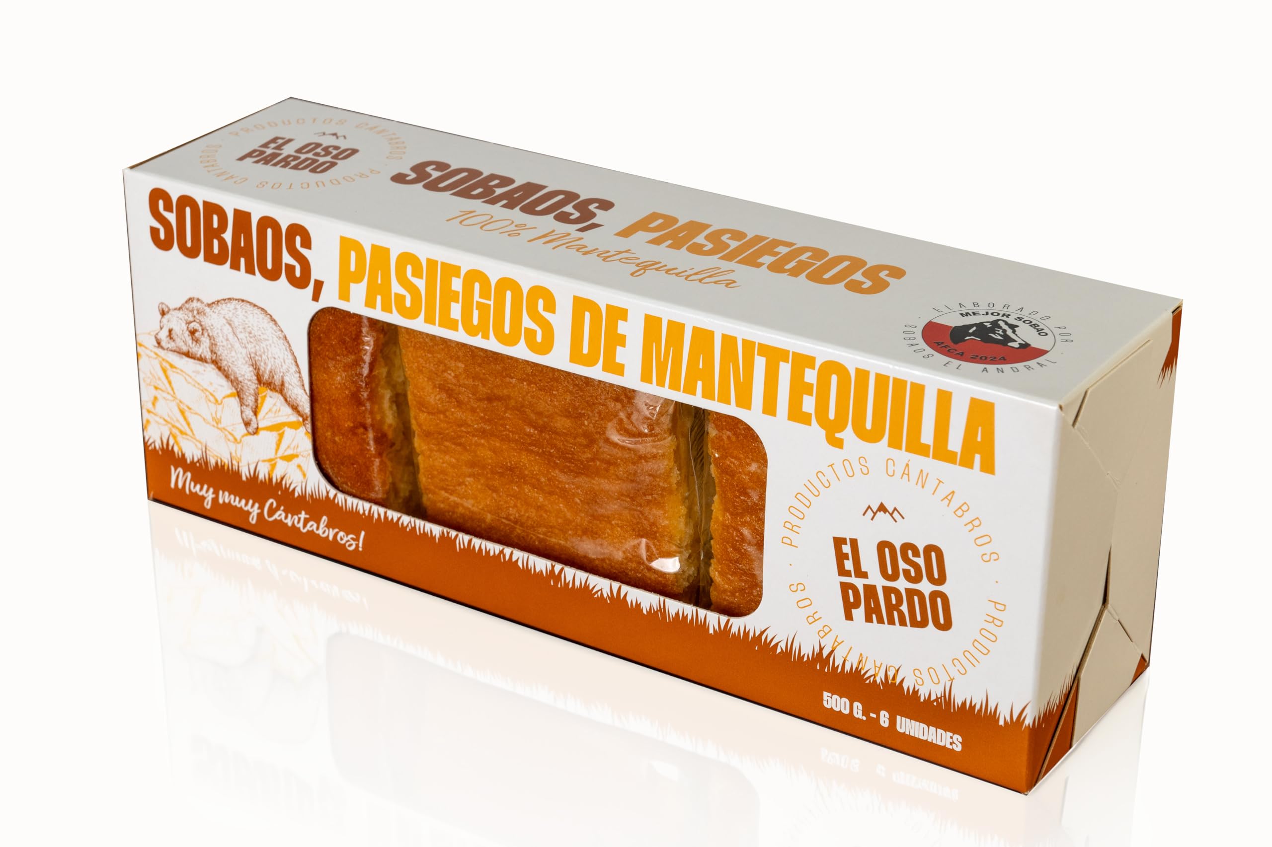 EL OSO PARDO Sobaos Pasiegos IGP - Receta Tradicional de Cantabria, Bizcocho de Mantequilla, 6 uds. Tamaño Mediano, Caja 500 g.