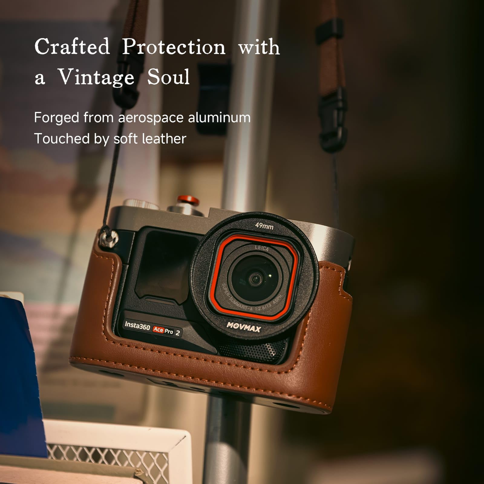 MOVMAX Klatka na aparat w stylu vintage do Insta360 Ace Pro 2 z paskiem do przenoszenia, metalowa klatka ze stopu aluminium z miękką skórą retro, zimne buty, akcesoria Insta 360 Ace Pro 2