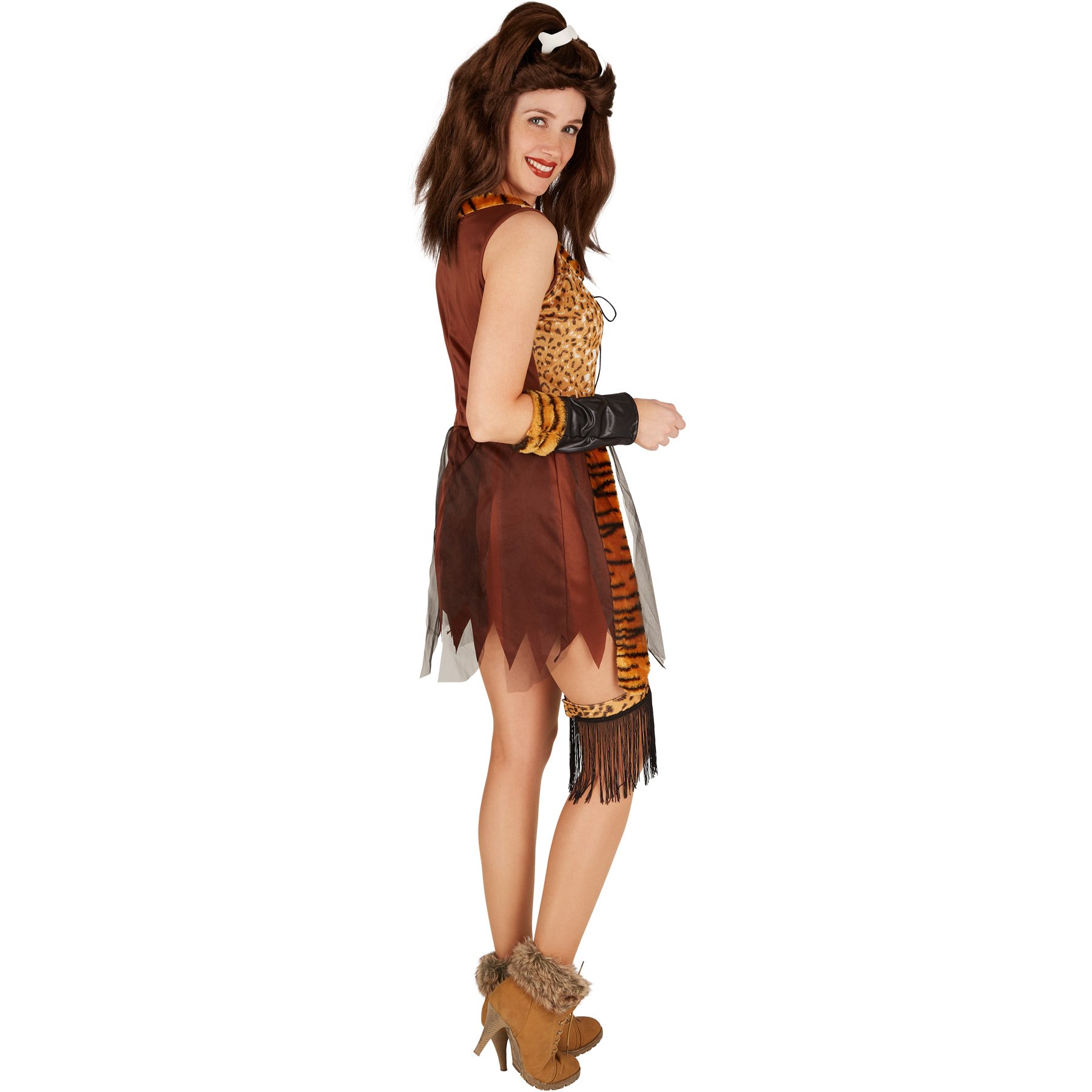 Costume Da Cacciatrice Dell'Età Della Pietra Per Donna – Abito Corto Leopardato Con Scaldapolsi E Gambali, Taglia XXL