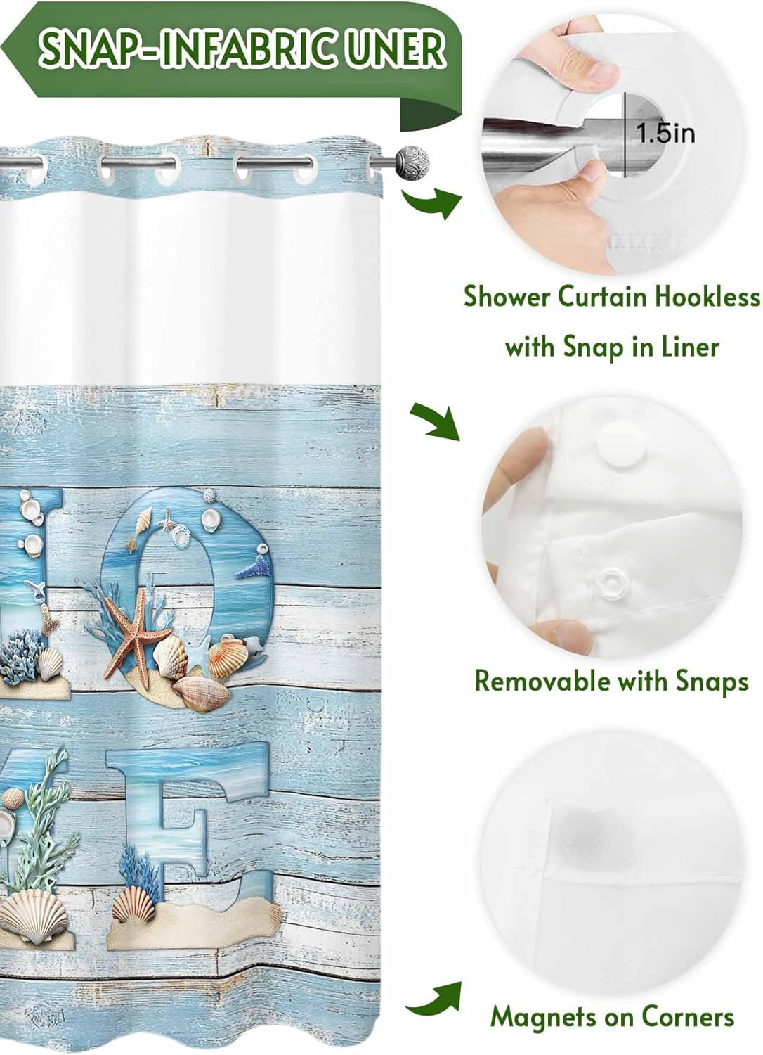 No Hook Shower Curtain with Snap in Liner, Summer Ocean Beach Shell Home Quote Waterproof Bath Curtain Double Layers with See Through Top Window, Farm Blue Wood Board Hotel Shower Curtains