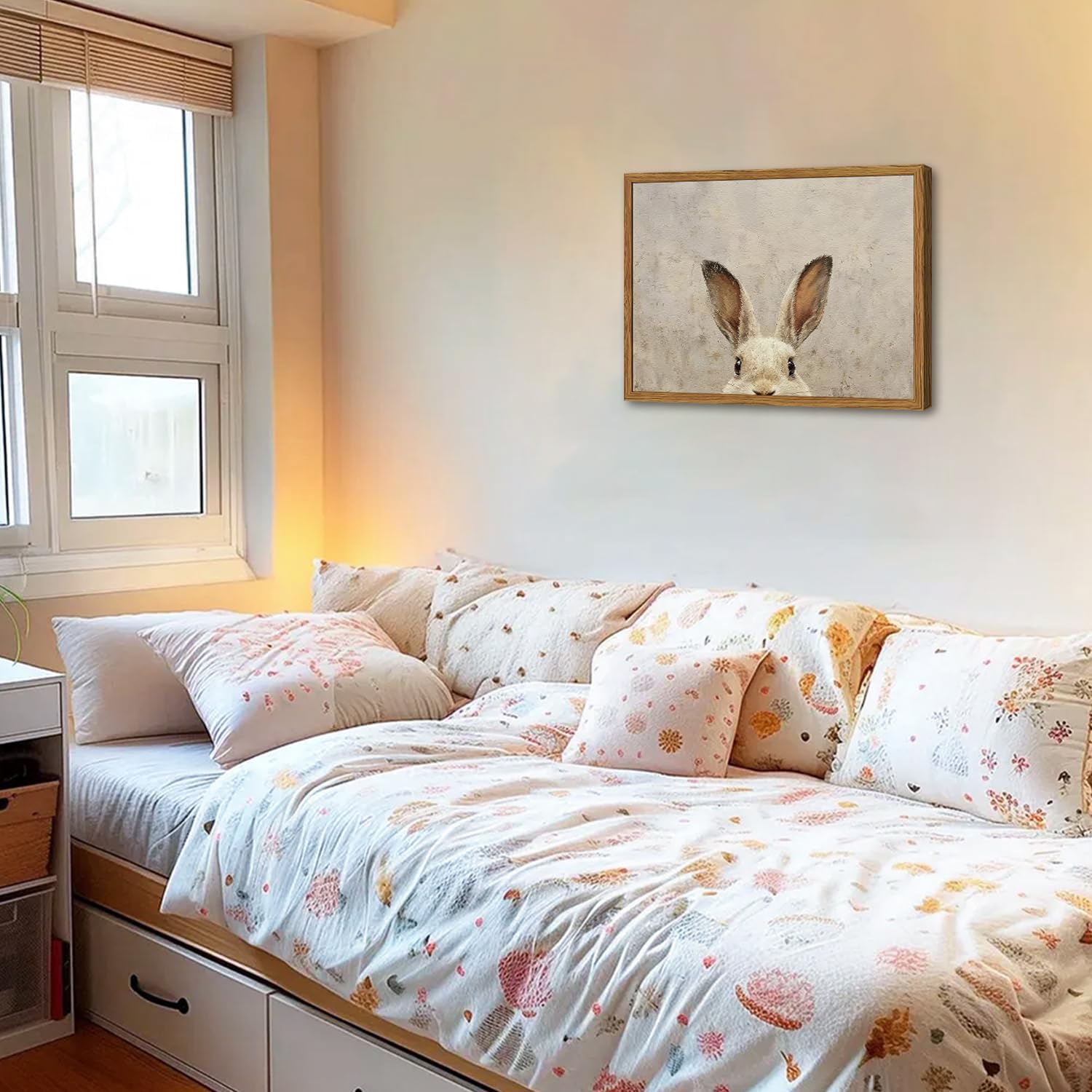 Framed Vintage Rabbit Wall Art, Cute Easter Bunny Pictures Wall Decor, 3D Sandstone Textured Farmhouse Animal Paintings Prints Cottagecore Home Decor for Living Room Bedroom Nursery 12x16 inch