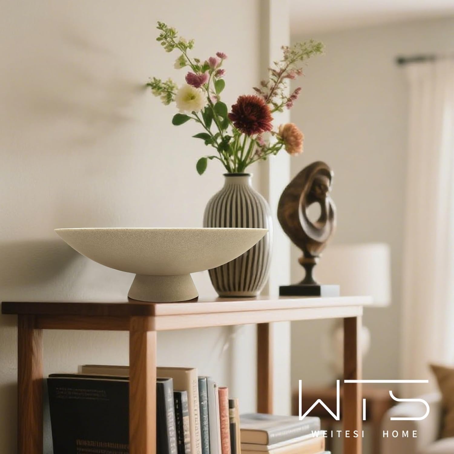 Large Decorative Fruit Bowl for Kitchen Counter, Modern Resin Pedestal Bowl for Home Decor, Stylish Key Bowl for Entryway Table, Decorative Bowl for Coffee Table Decor, Artificial Stone Beige - Image 5