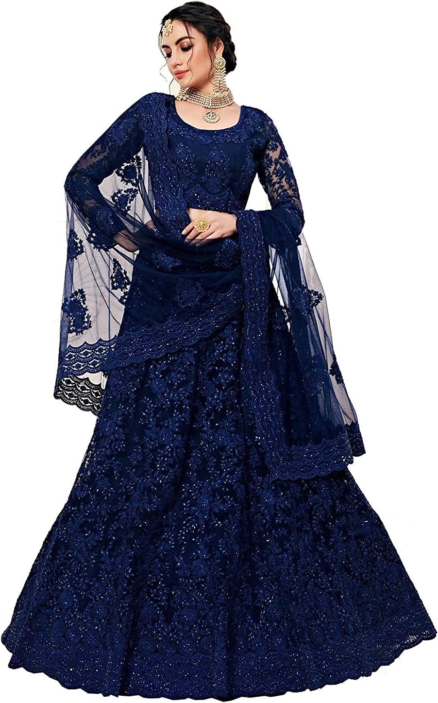 Women's Net Embroidered Semi-Stitched Lehenga Choli