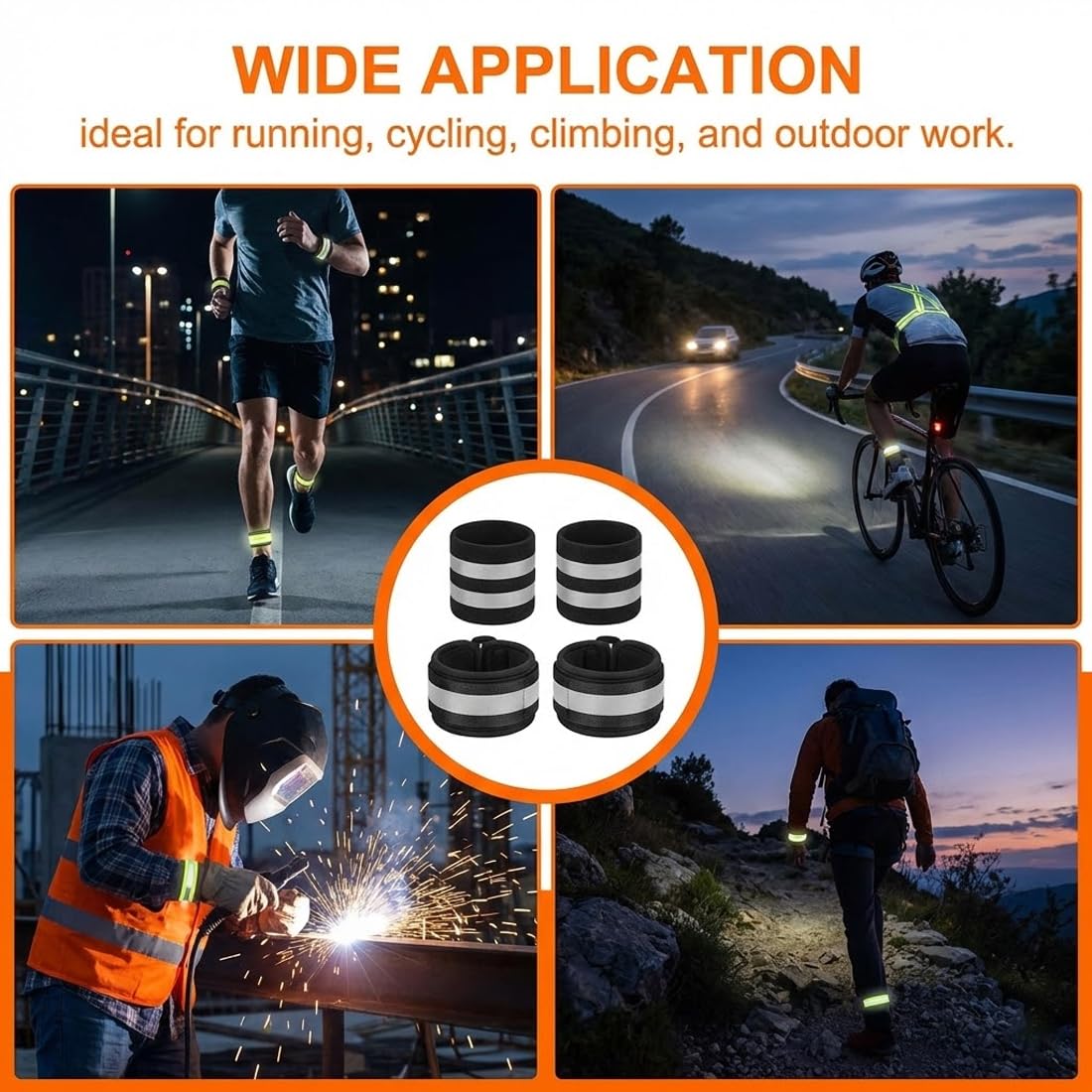 Fasce Riflettenti Elastiche 4 Pezzi Alta Visibilità 360° per Corsa Bici Sport Notturni