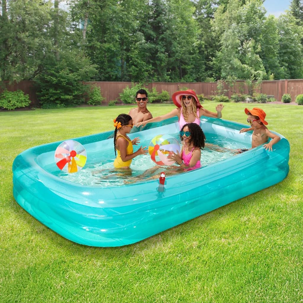 Funsicle AquaSplash 3.0 m Family Aufblasbarer Pool - 3-st�ckiger rechteckiger Swimmingpool mit transparentem Design, einfacher Ablaufstopfen, langlebige N�hte - Lagoon Blue