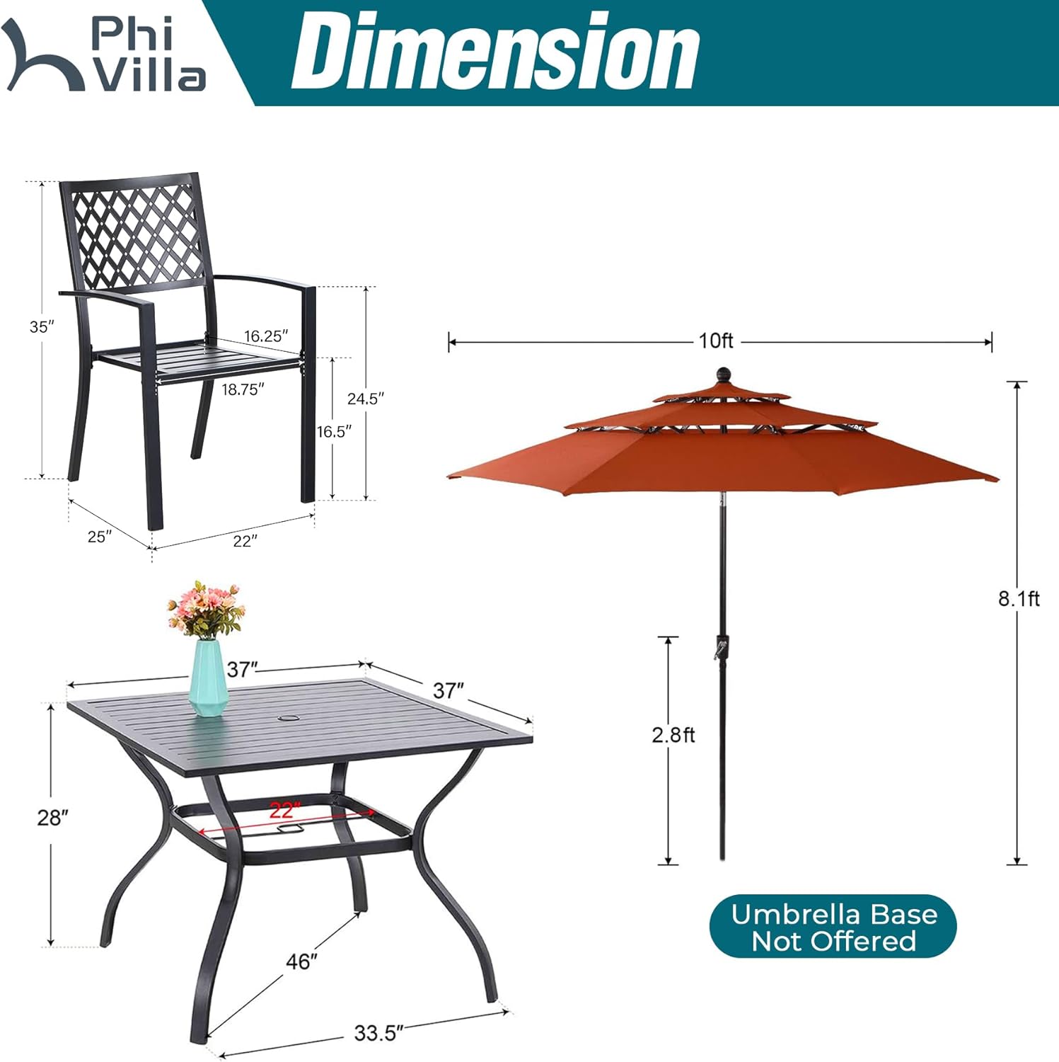 PHI VILLA Outdoor Dining Set 6 PCS with 10ft 3-Layer Round Umbrella(Orange Red),1 Square 37"x 37"Dining Table,4 Bistro Chairs& 10ft Patio Umbrella