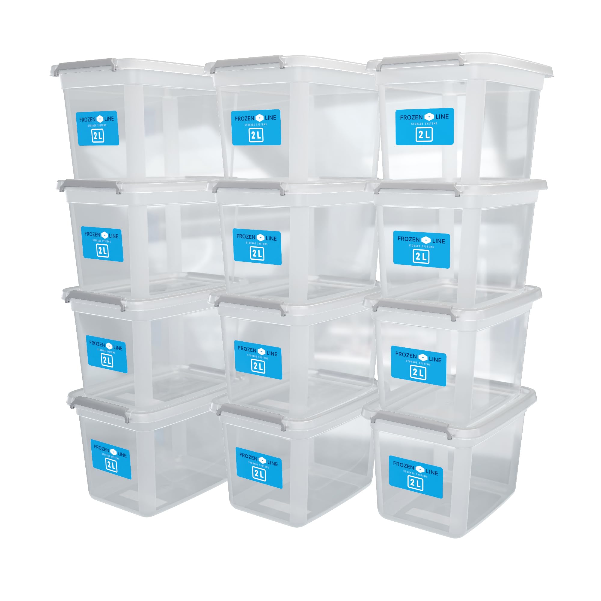 ATHLON TOOLS 12x 2L Aufbewahrungsboxen mit Deckel klein – 100% Neumaterial - transparent - BPA Frei – stapelbare Behälter – graue Verschlussclips – nahezu Luftdicht - Organizer