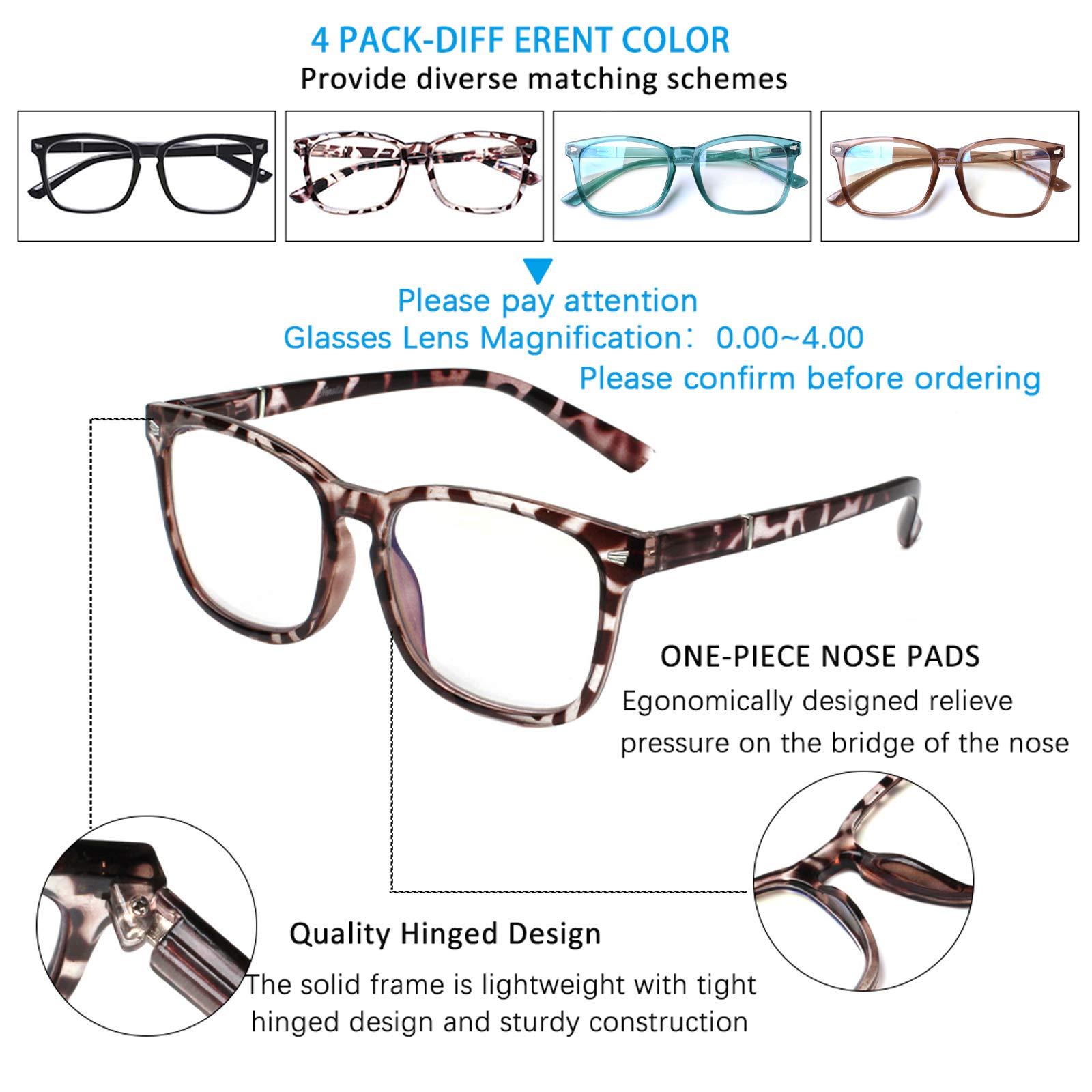 Henotin Lot de 4 paires de lunettes de lecture carrées anti-lumière bleue pour homme et femme - Lecteur informatique - Anti-UV - Dioptrie de 2,75