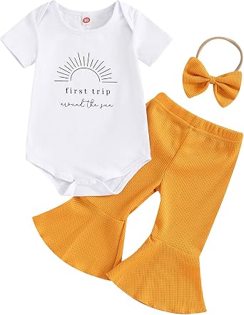 My 1st Birthday Baby Girl Outfit First Trip Around The Sun Short Sleeve Romper Top Ribbed Bell Bottom Pants Set
