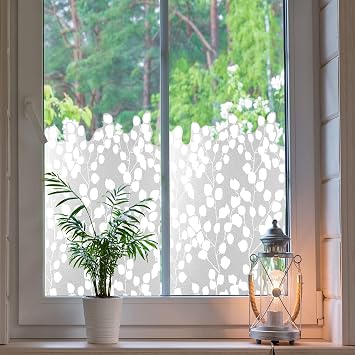 Pure White Frosted Privacy Window Film, Removable Static Cling Stickers Decor for Glass Window Door, Frosted Privacy Eucalyptus Leaf 59.05"x22.83"