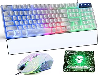 UK Layout Gaming Keyboard and Mouse Sets Rainbow Backlit Ergonomic Usb Gaming Keyboard + 2400DPI 6 Buttons Optical Rainbow LED Usb Gaming Mouse + Keyboard Wrist Support Anti-skid Anti ghosting