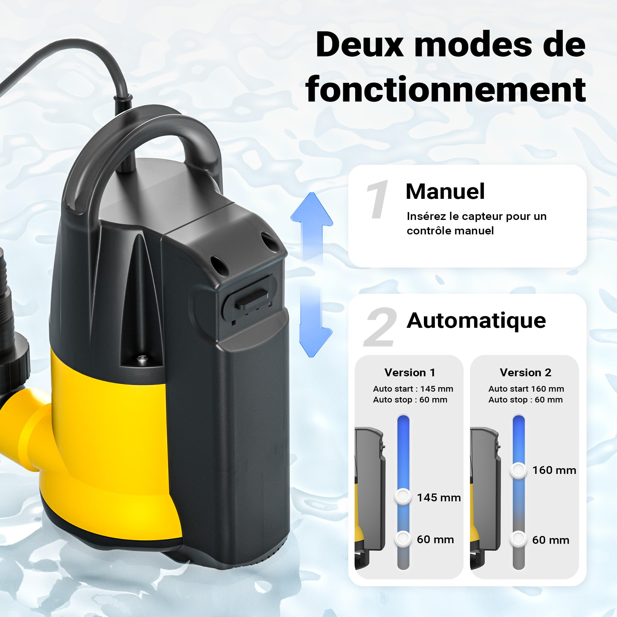 Wiltec Pompe pour Eaux usées Bleue 250W Pompe submersible 0,55 bar Débit 6000 l/h avec Câble 10m Hauteur de refoulement 5,5 m Particules jusqu'à Ø5mm Évacuation Drainage Chantier