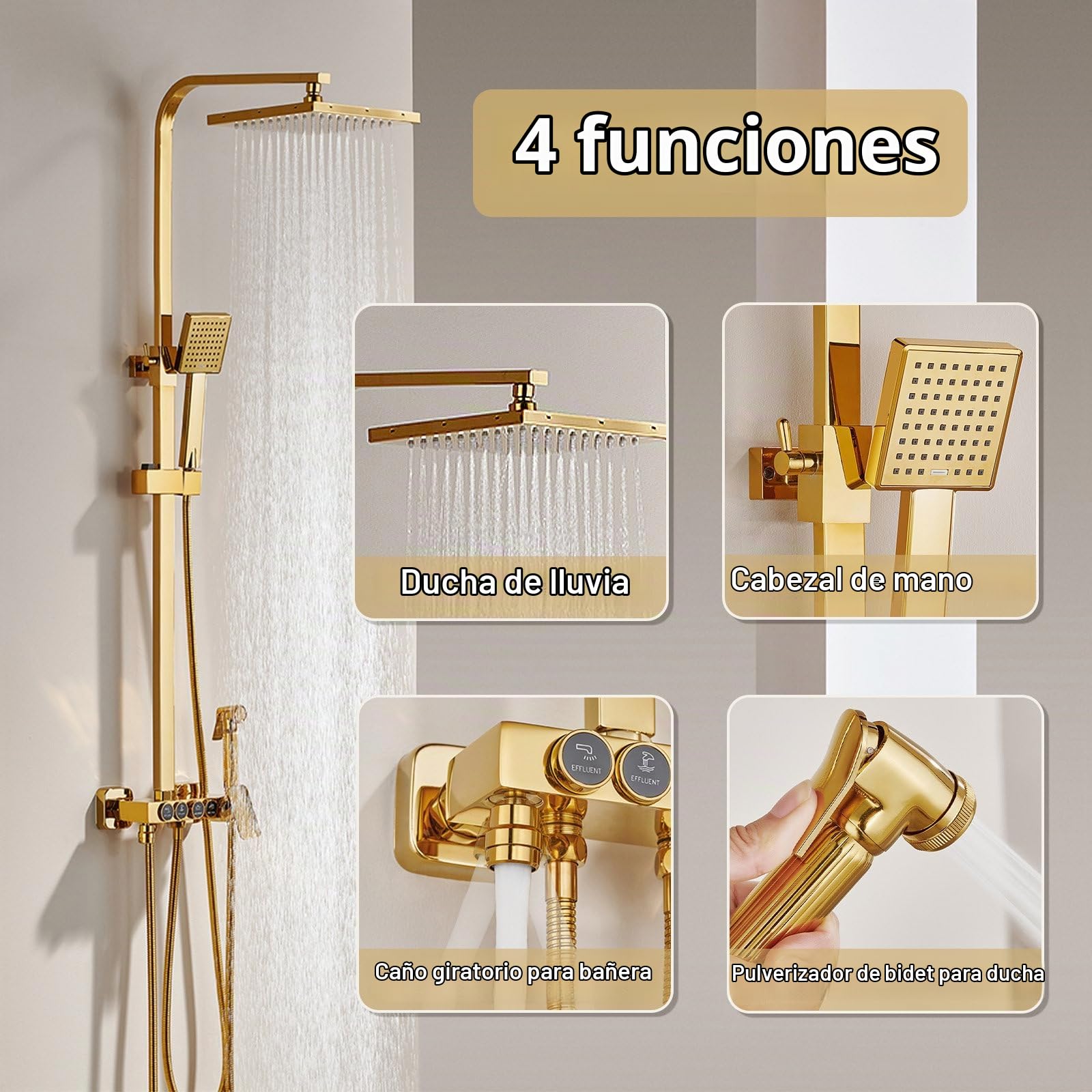 Columna Ducha, Columna de Ducha Oro Cepillado 4 in 1,Sistema de Ducha Latón | Conjunto de Ducha con Ducha de Techo de 225mm, Ducha de Mano, Grifo de Bañera y Ducha Higienica, Altura y Ángulo Ajustables