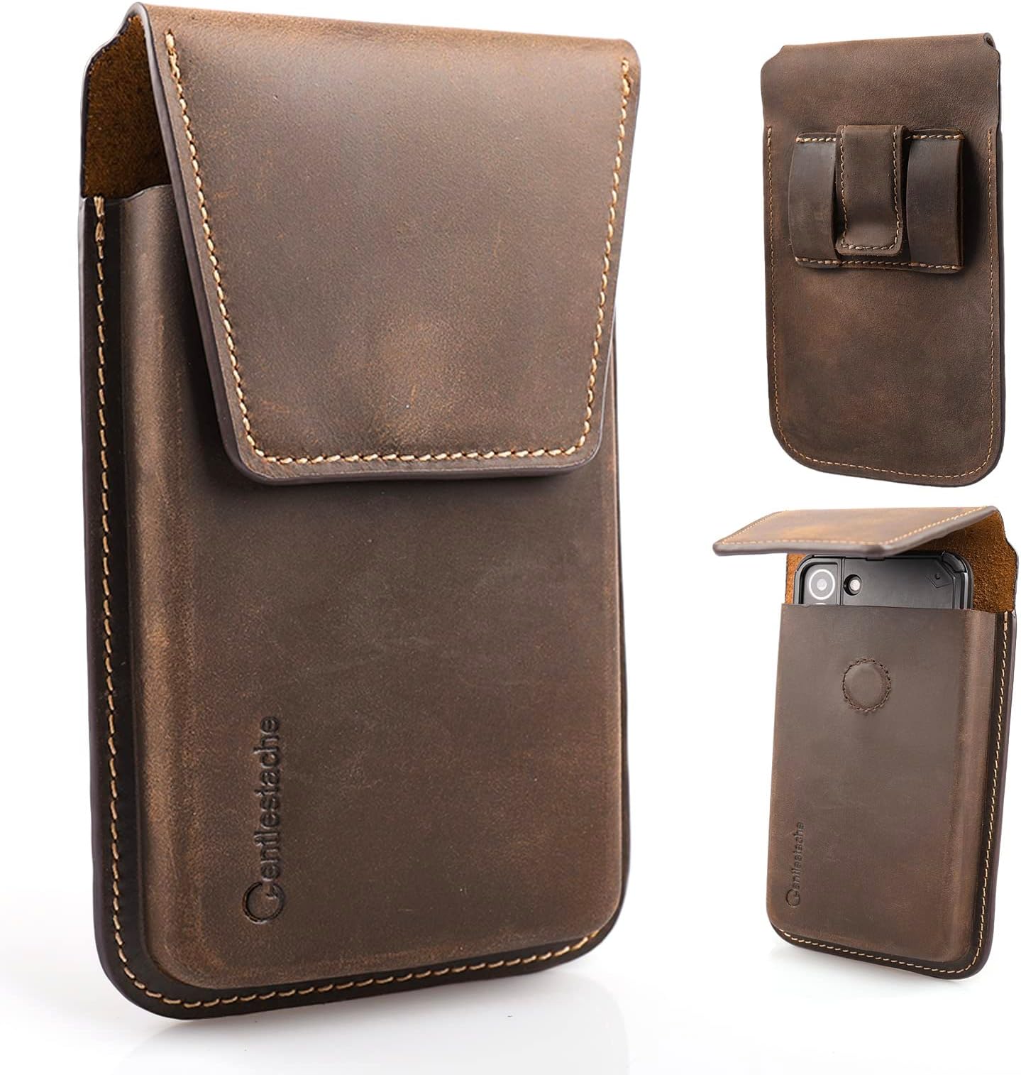 Gentlestache Leather Phone Holster for iPhone 17 17 Pro 16 Pro 16 15 Pro - Belt Clip Cell Phone Case for Galaxy S25 S24 S23 - Magnetic Closure Leather Belt Holster Cell Pouch, L, Darkbrown