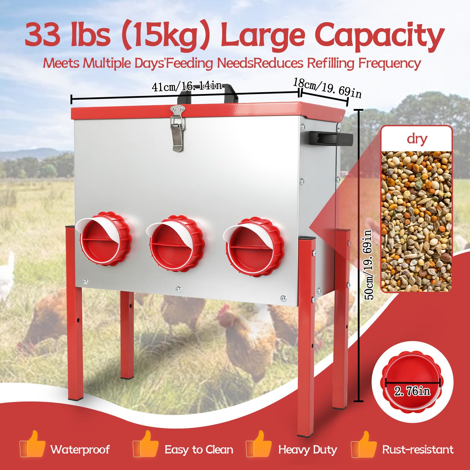 Automatyczny automat do karmy dla kurcząt o dużej pojemności 15 kg (33 kg), odporny na szczury automat do karmy dla kurcząt z 6 otworami na karmę do hodowli kaczek/gęsi, do stosowania w kurniku