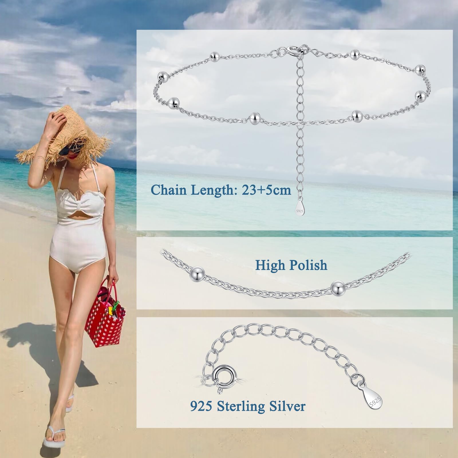 Chaînes de cheville en argent sterling 925 pour femme, chaîne de cheville réglable en argent 925 avec perle/étoiles, été pieds nus, plage en argent