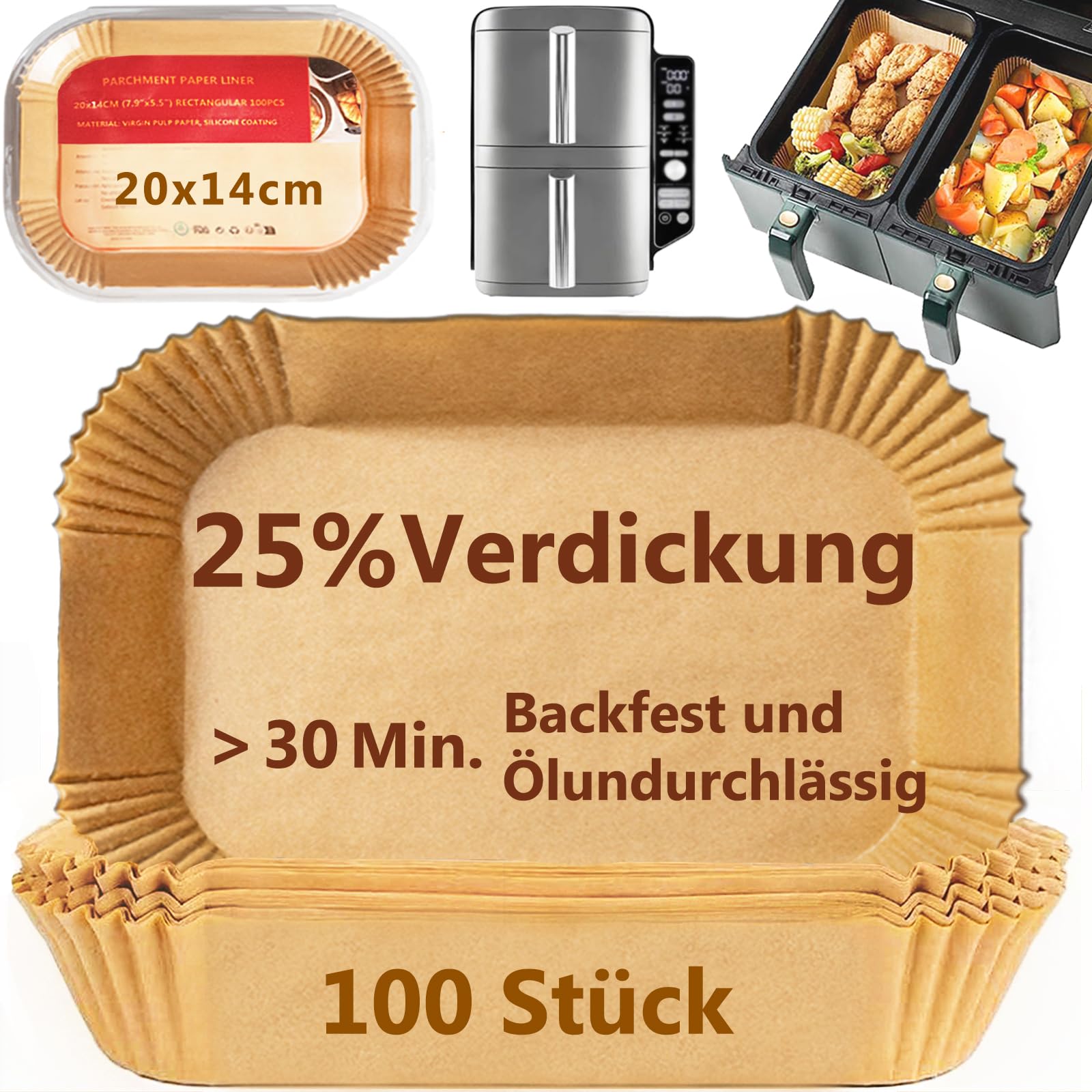 Extra Starkes Backpapier für Ninja Heißluftfritteuse (20x14cm Rechteckig, BPA-frei) Kompatibel mit AF300EU/AF400EU/SL400EU & Doppelkammer Dual Zone Airfryer - 100 Stück Baking Paper
