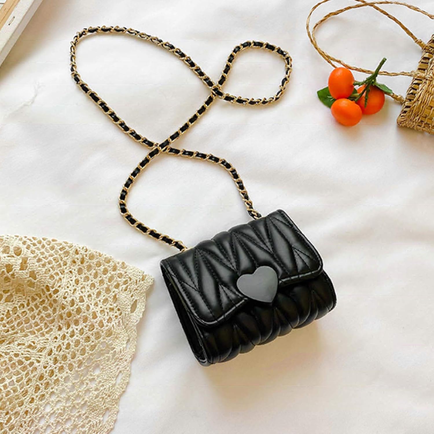 RARITYUS Crossbody Bag Chain Strap PU Leather Shoulder Bag Purse Mini Handbag for Little Girls Kids Toddlers A Black - Image 2