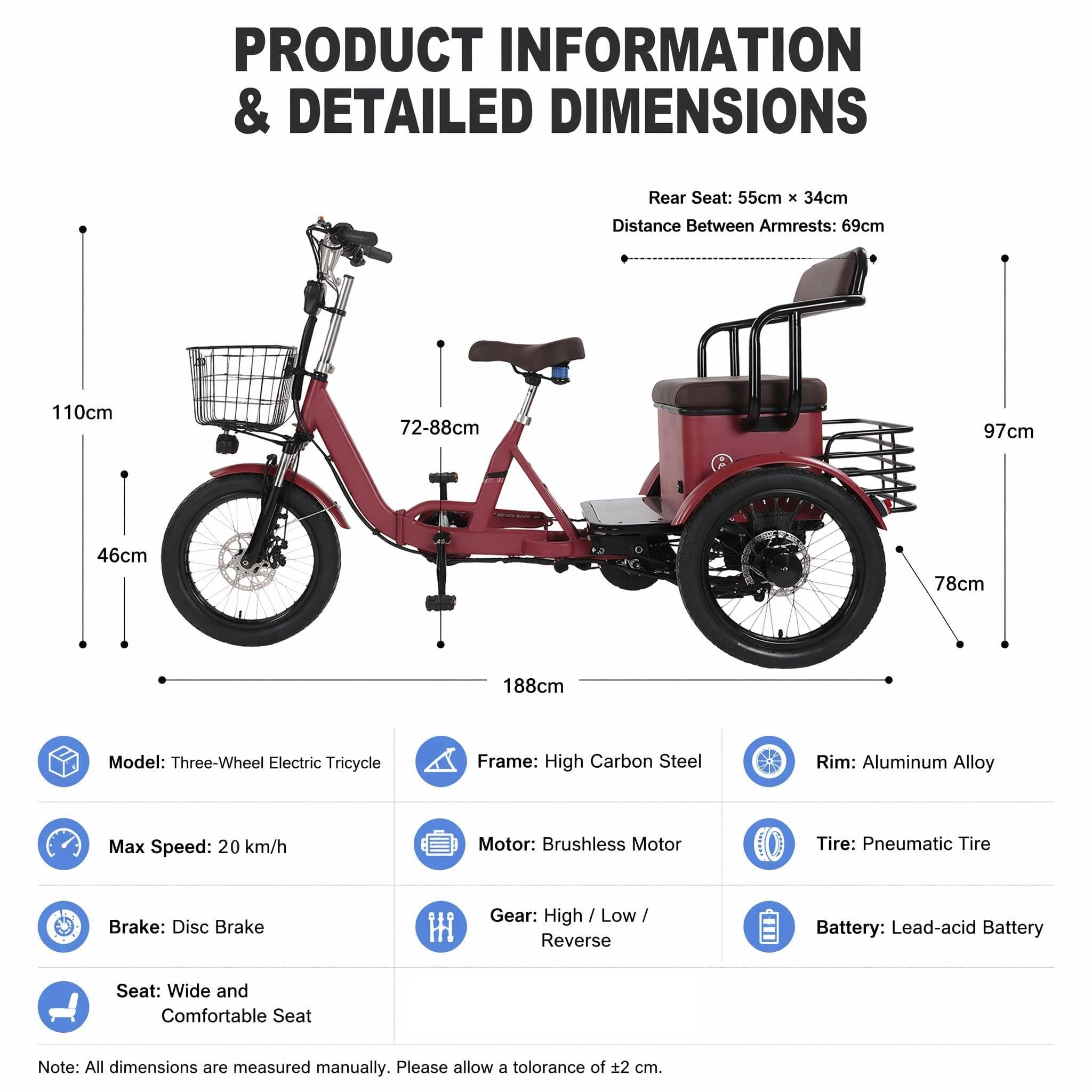 Triciclo Elettrico a Due Posti per Adulti, Ebike a 3 Ruote con Sedile Passeggero, 7 velocità, Pneumatici Larghi da 18" X 4,0", Cestini Anteriori E Posteriori, Doppi Freni a Disco Green