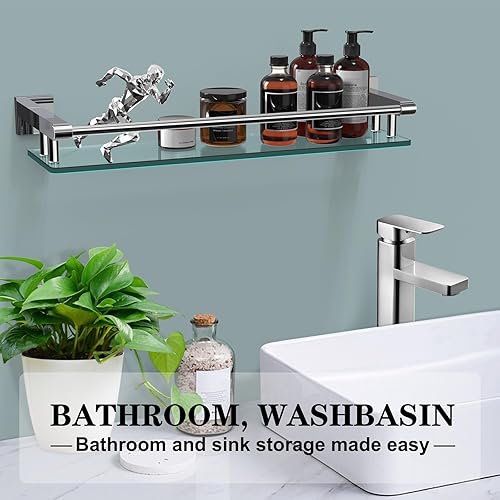 Miniatura 3 de Estantes de vidrio para baño, estante rectangular de acero inoxidable cromado de 20 pulgadas, estante de vidrio templado para montaje en pared,