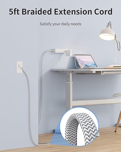Miniatura 4 de Regleta protectora de sobretensiones, cable de extensión de enchufe plano trenzado de 5 pies, 12 salidas de CA, diseño envolvente de 3 lados,