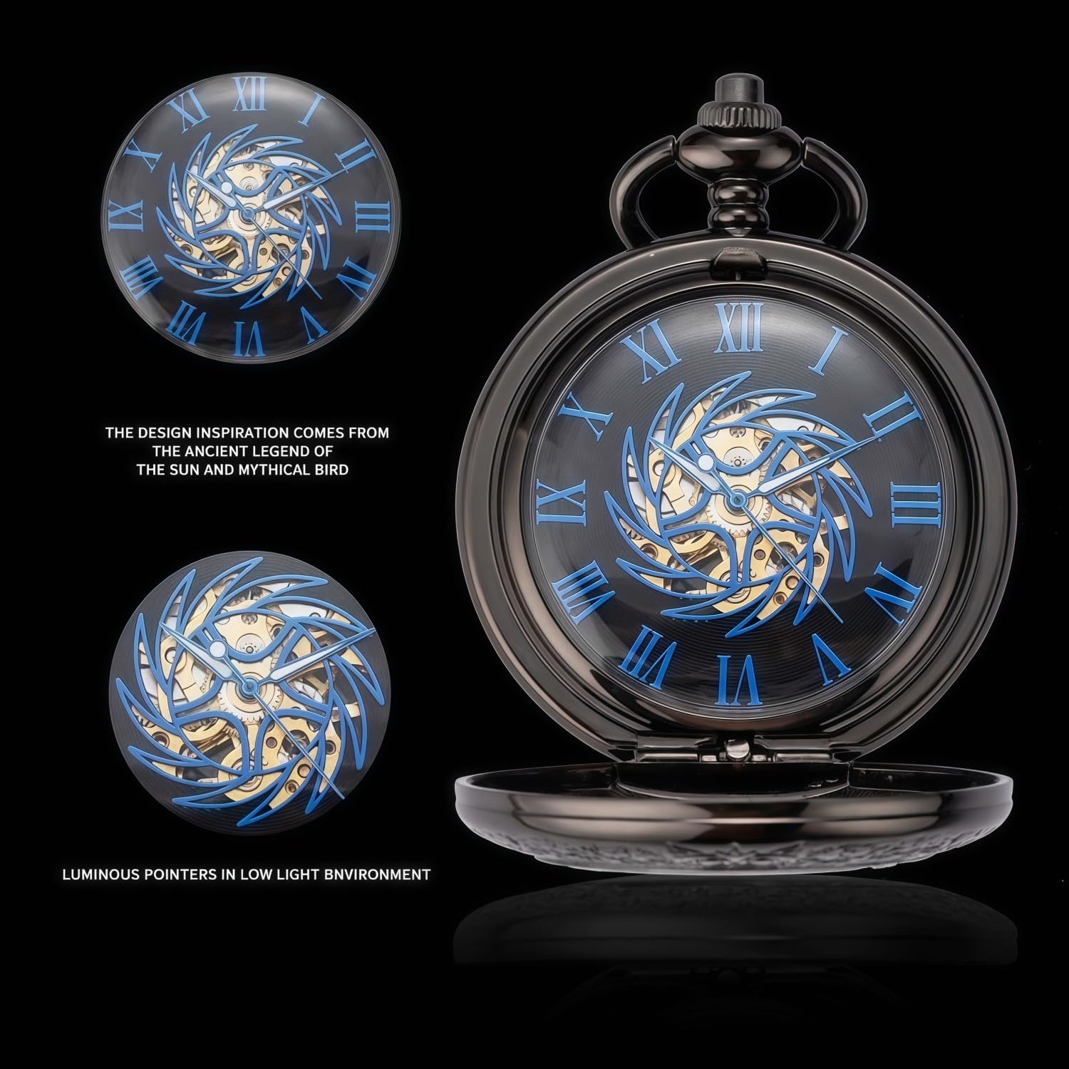 Orologio da tasca meccanico serie Sun-God-Bird, nero, per uomo e donna, lente d'ingrandimento speciale, mezza cassa incisa, numeri romani con catena