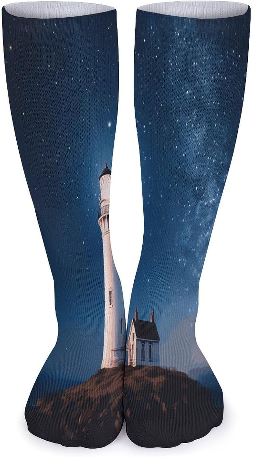 Lighthouse Under Starry Night Sky Crew Socks High Stocking Thermal Socks | Tube Socks-Breathable-Moisture-Soft-wicking for Hospital Pilates Yoga for women men Grippy for office and daily walking