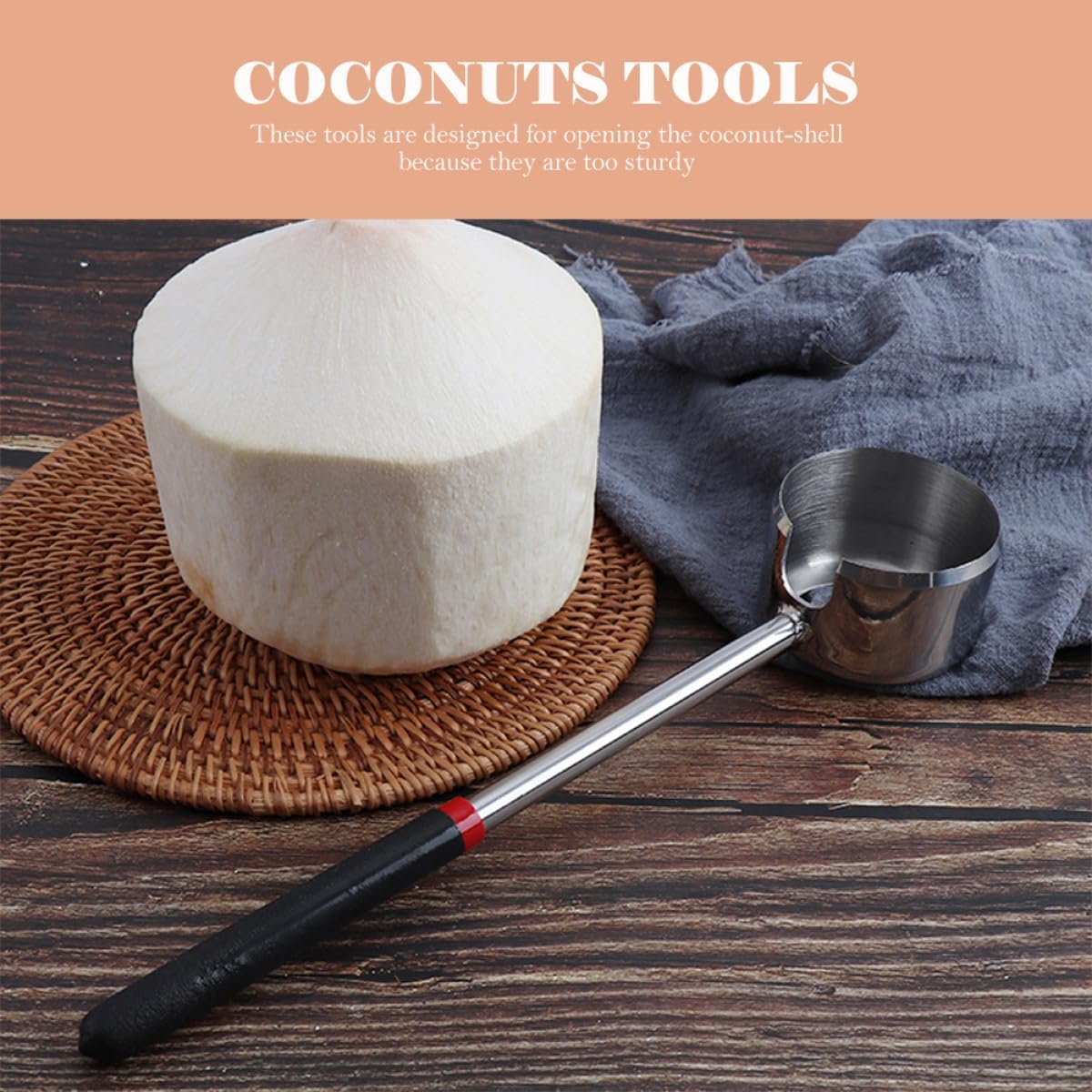 Garneck Stainless Steel Coconuts Opening Tool Set with Rubber Hammer and Wooden Handle, 2pcs Kitchen Gadget for Household Coconut Shell Opening and Meat Extraction