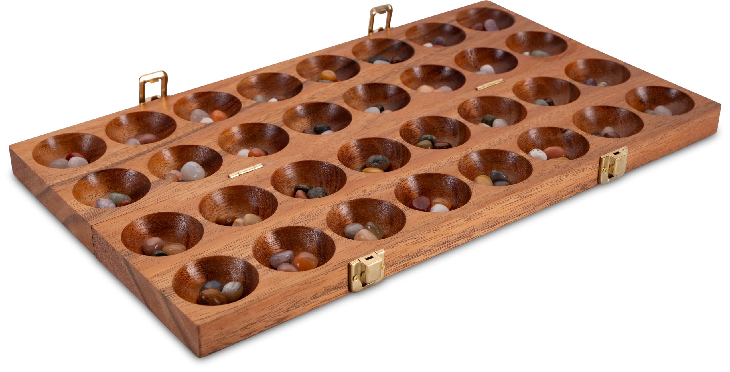 LOGOPLAY Mancala Bao Spiel mit Metallverschlüssen für 2 Spieler inkl. Edelsteinen