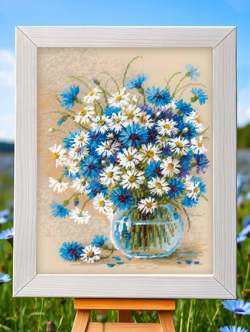 RIOLIS - Daisies and Cornflowers 2249, Floral Cross Stitch Kits 9½"x11¾, Cross Stitch Kits for Beginners & Advanced, Crossstitching Kits Adult, Counted Stitching Kits, Embroidery Kit